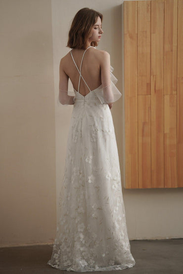 Sheath-Column Floor Length Lace Tulle Wedding Dress CW3084 - COCOMELODY