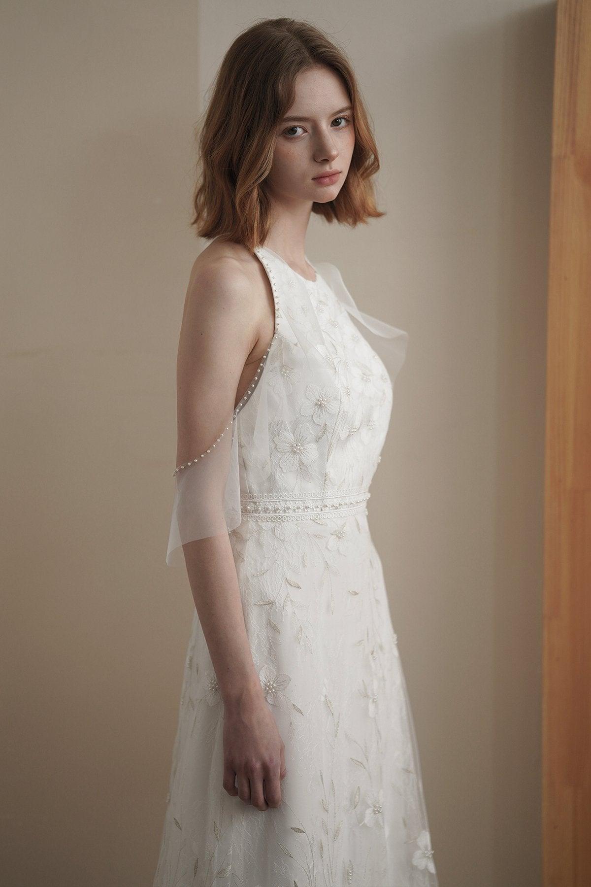Sheath-Column Floor Length Lace Tulle Wedding Dress CW3084 - COCOMELODY