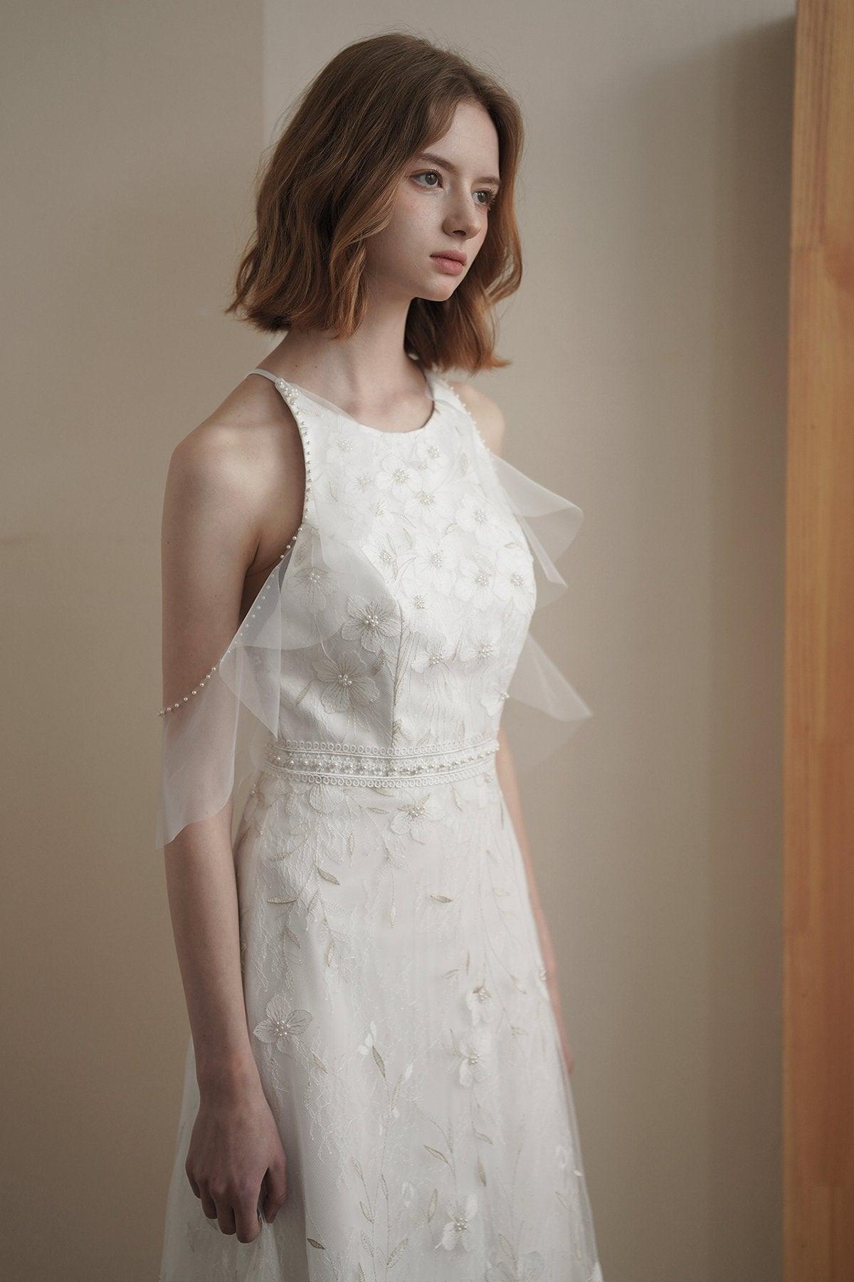 Sheath-Column Floor Length Lace Tulle Wedding Dress CW3084 - COCOMELODY