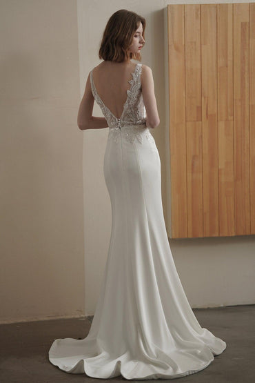 Trumpet-Mermaid Court Train Lace Satin Wedding Dress CW3089 - COCOMELODY