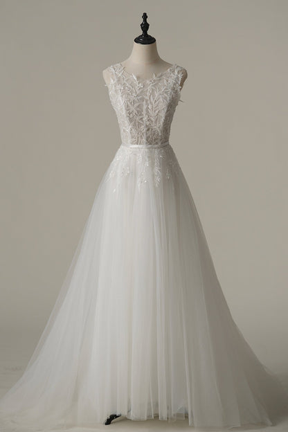 A-Line Sweep-Brush Train Tulle Wedding Dress CW3092