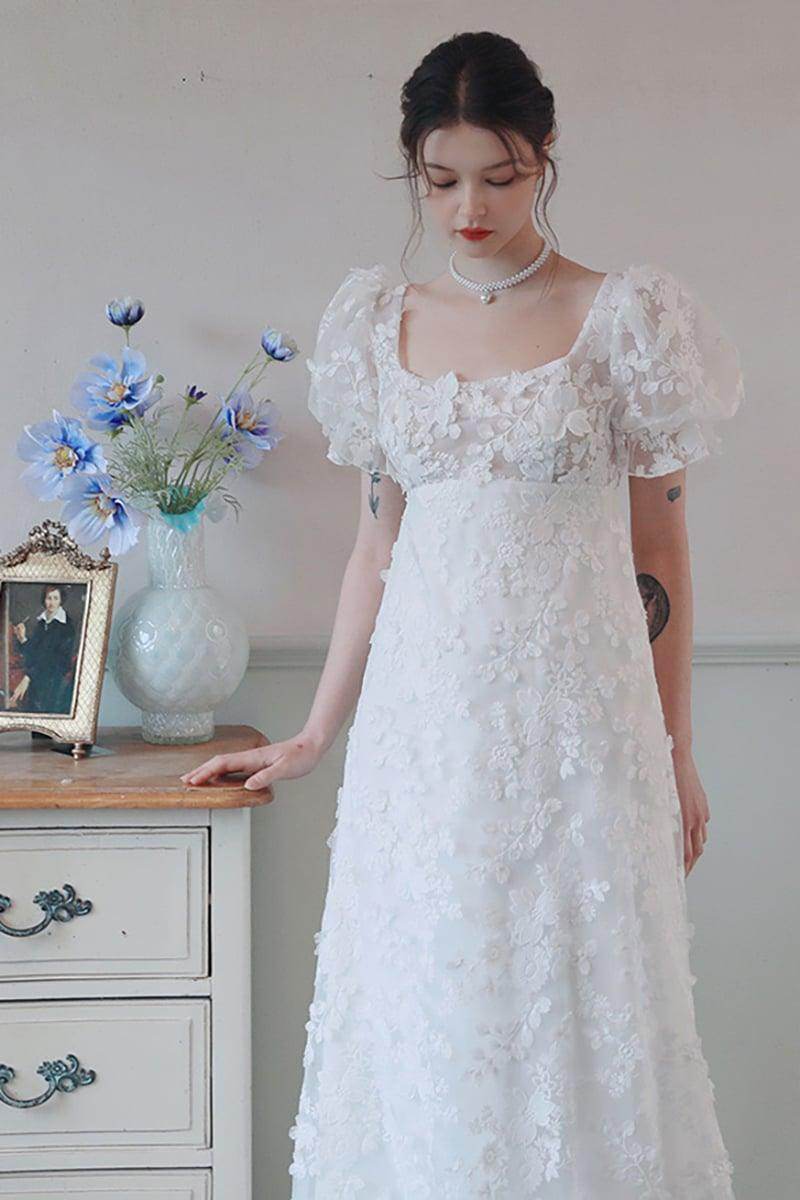 A-Line Empire Sweep-Brush Train Lace Satin Wedding Dress COCOMELODY CW3095, 25 Days / Ivory / US12-UK14-EUR42 A-Line Empire Sweep-Brush Train Lace Satin Wedding Dress COCOMELODY CW3095, 25 Days / Ivory / US12-UK14-EUR42
