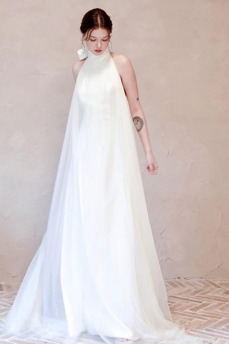 A-Line Sweep-Brush Train Lace Tulle Wedding Dress CW3096 - COCOMELODY