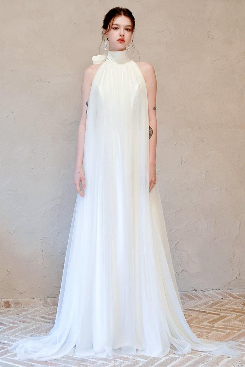 A-Line Sweep-Brush Train Lace Tulle Wedding Dress CW3096 - COCOMELODY
