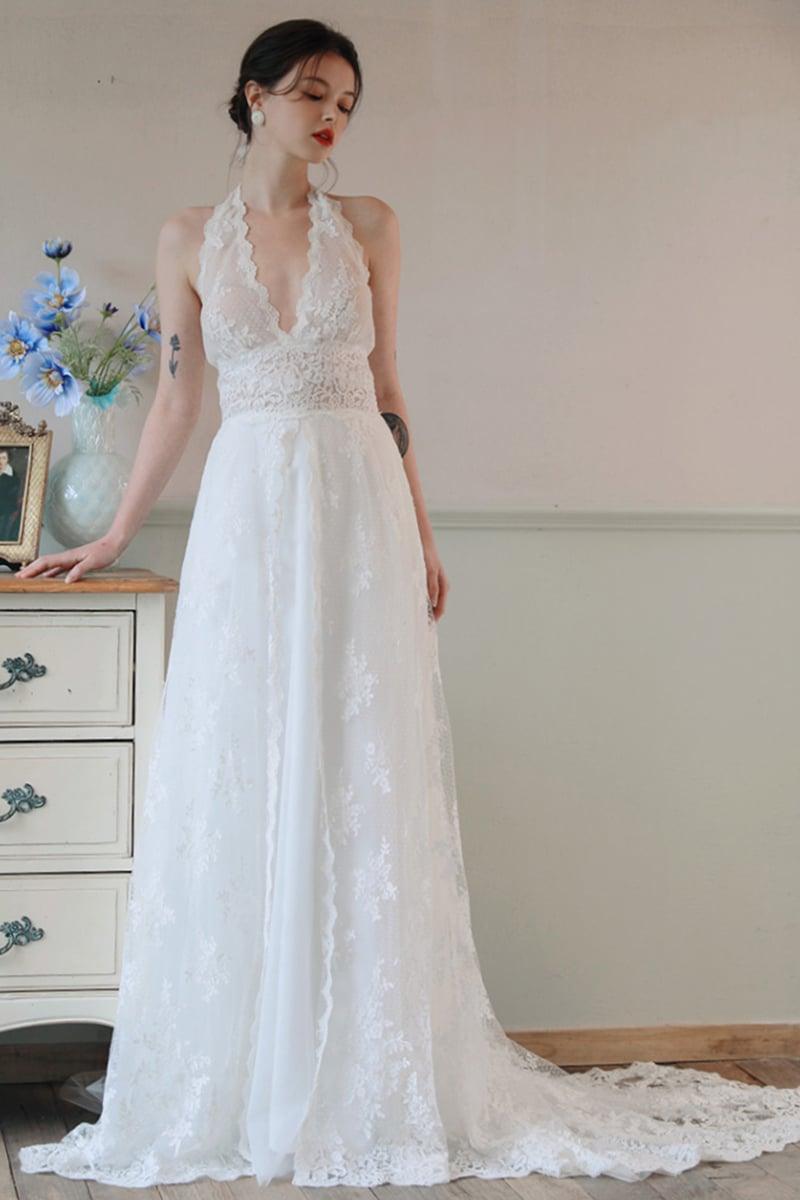 A-Line Sweep-Brush Train Lace Tulle Wedding Dress CW3097 - COCOMELODY