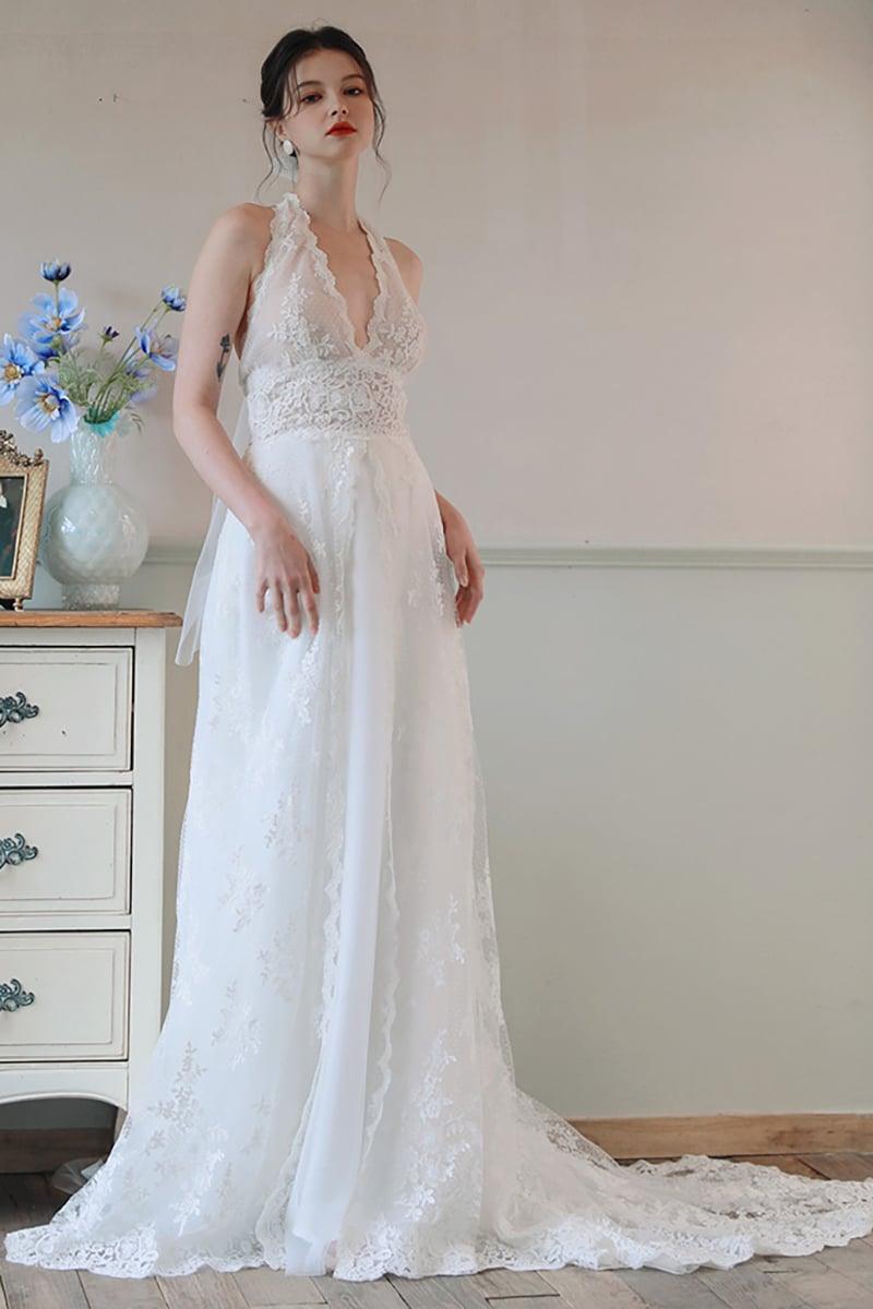 A-Line Sweep-Brush Train Lace Tulle Wedding Dress CW3097 - COCOMELODY
