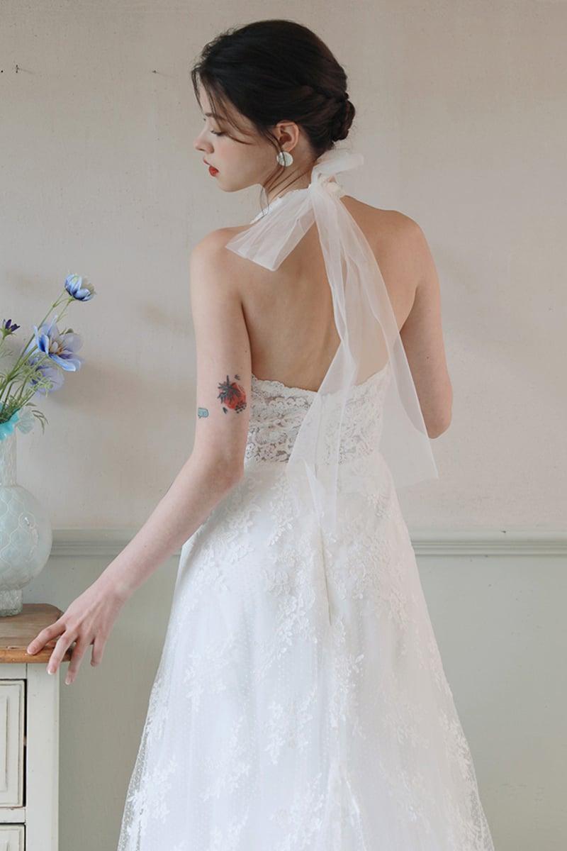 A-Line Sweep-Brush Train Lace Tulle Wedding Dress CW3097 - COCOMELODY
