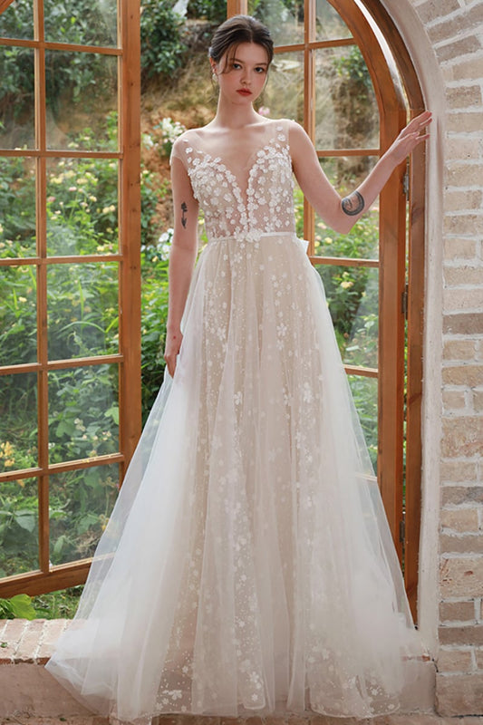 A-Line Sweep-Brush Train Lace Tulle Wedding Dress CW3099