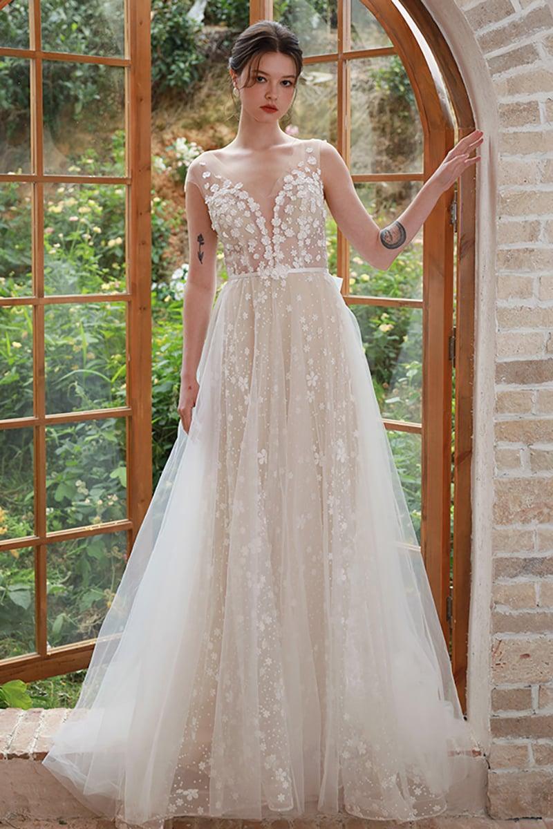A-Line Sweep-Brush Train Lace Tulle Wedding Dress CW3099 - COCOMELODY