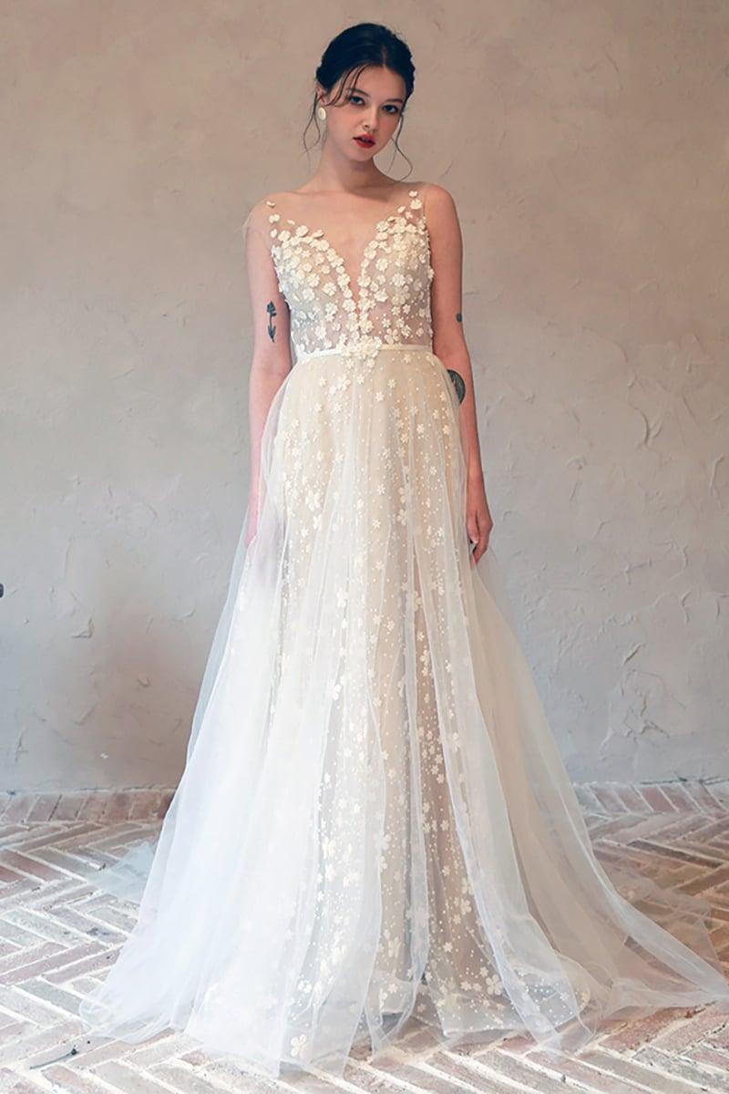 A-Line Sweep-Brush Train Lace Tulle Wedding Dress CW3099 - COCOMELODY