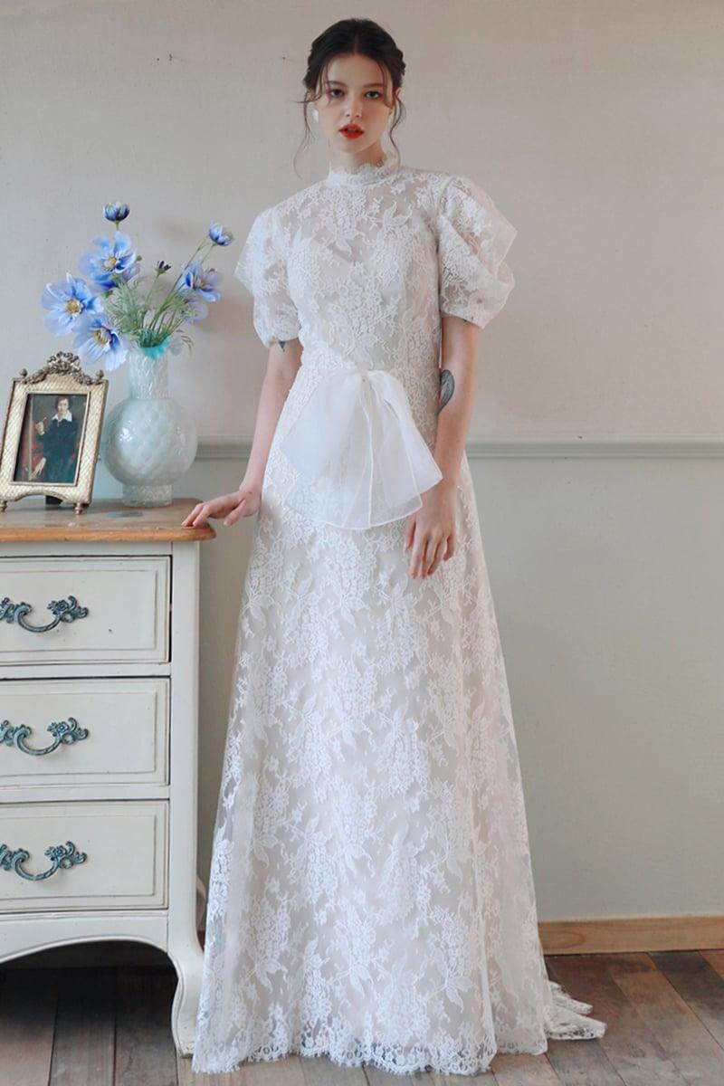 A-Line Sweep-Brush Train Lace Tulle Wedding Dress CW3100 - COCOMELODY