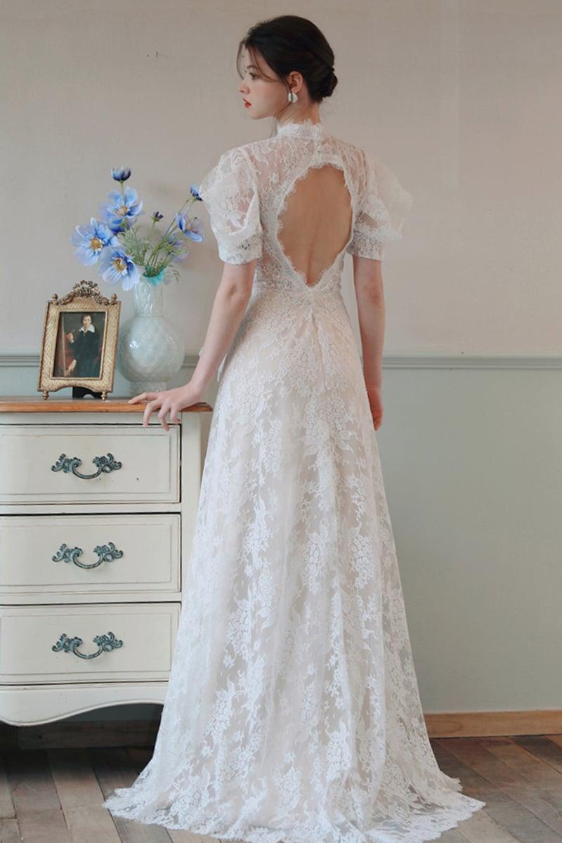 A-Line Sweep-Brush Train Lace Tulle Wedding Dress CW3100 - COCOMELODY