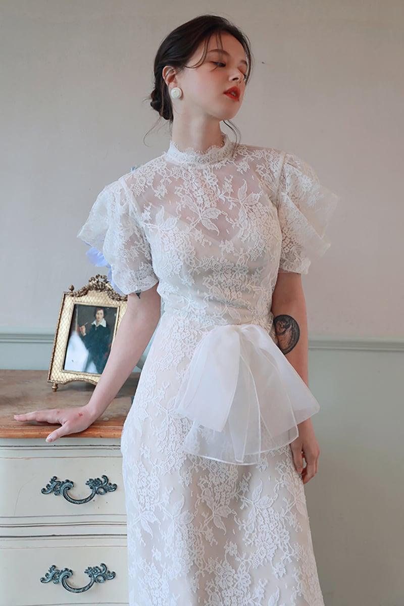 A-Line Sweep-Brush Train Lace Tulle Wedding Dress CW3100 - COCOMELODY