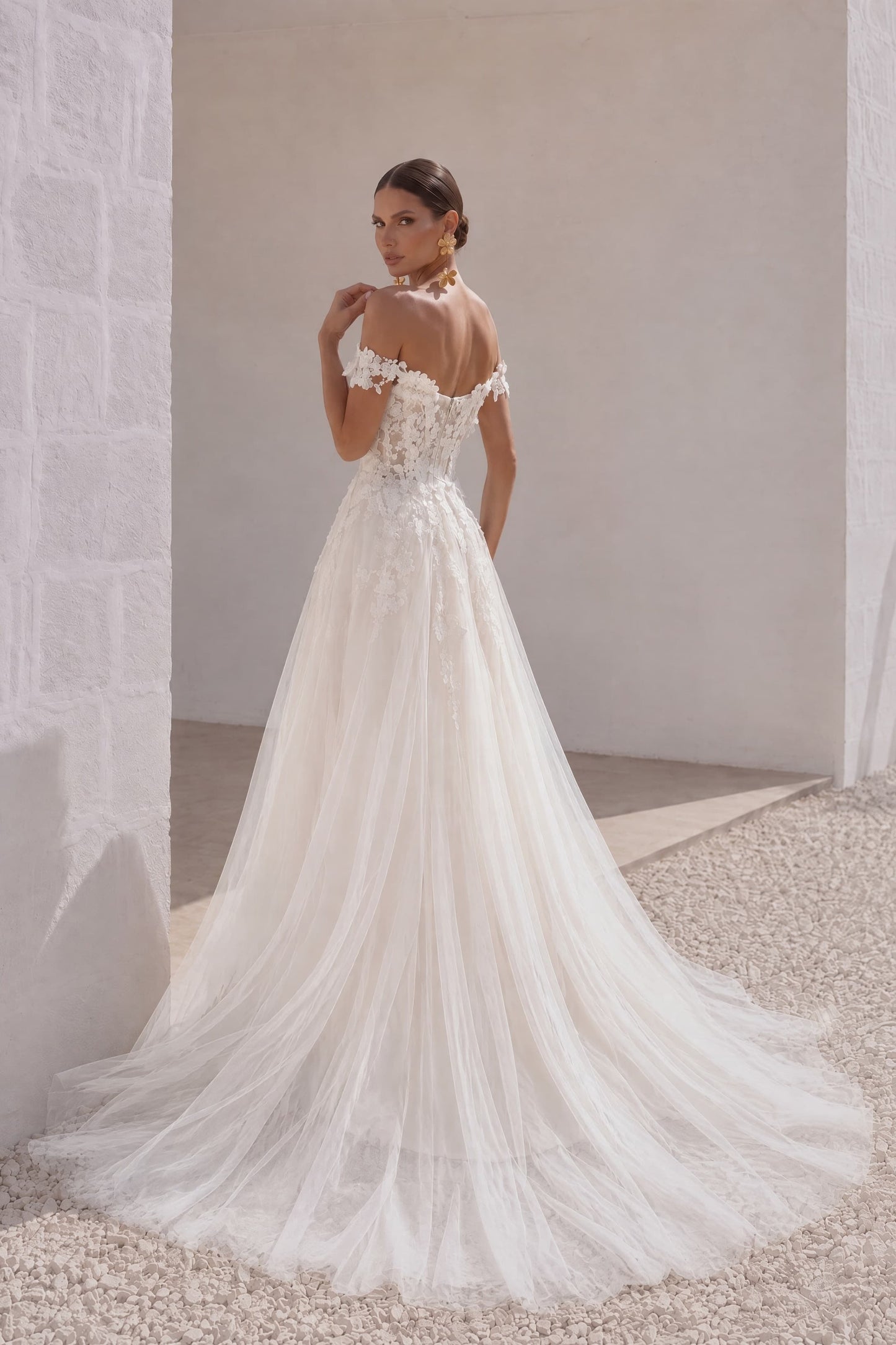 A-Line Sweep-Brush Train Lace Tulle Wedding Dress CW3101