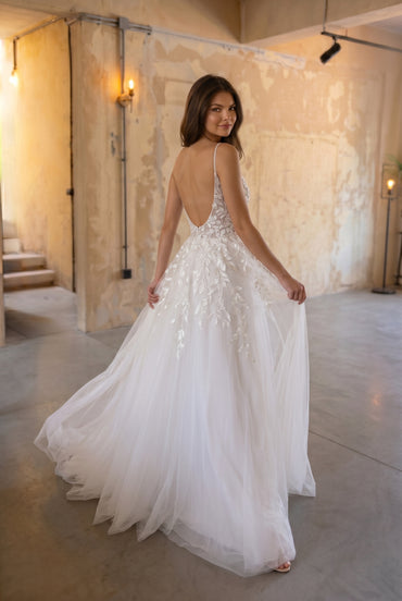 A-Line Sweep-Brush Train Lace Tulle Wedding Dress CW3103