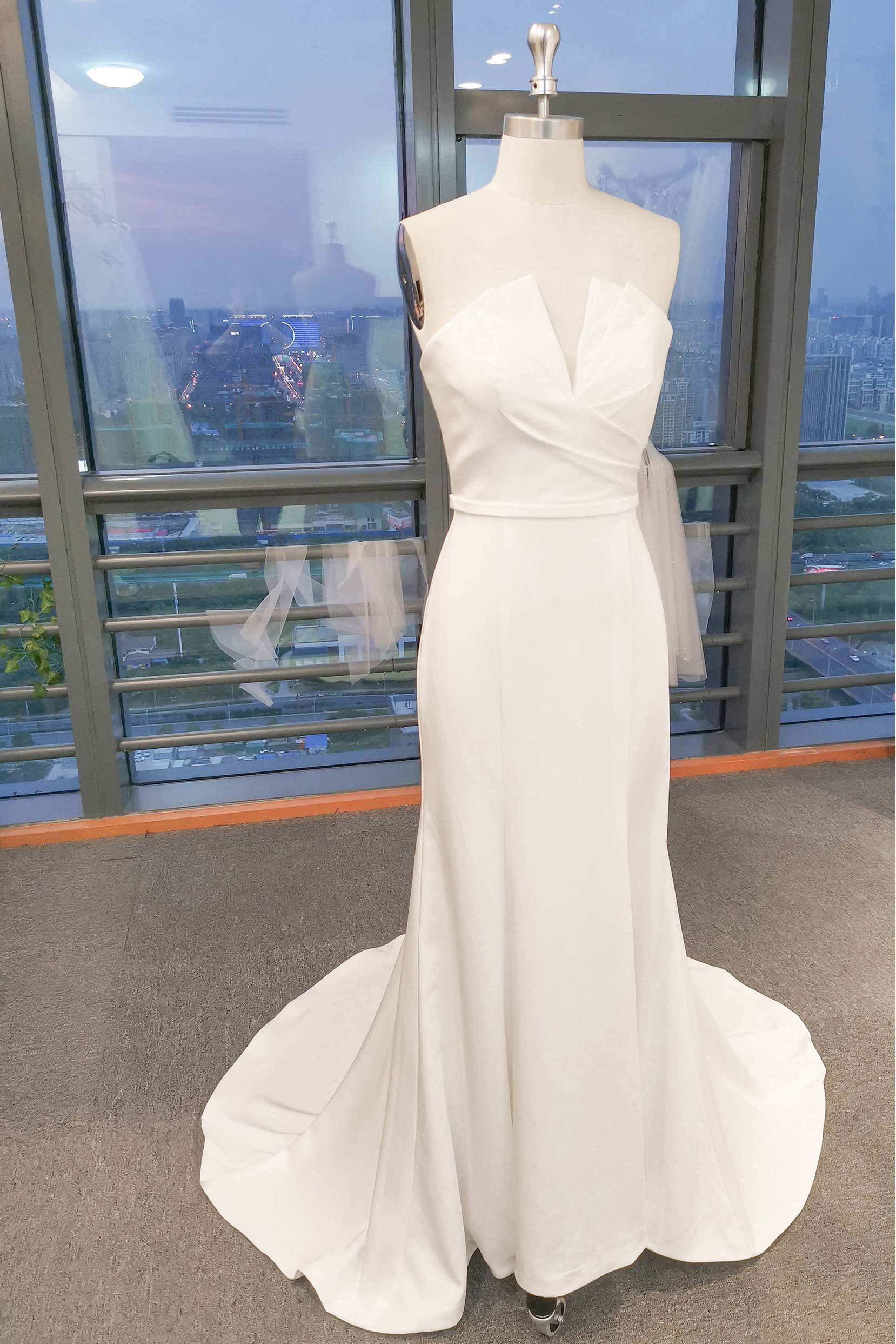 A-Line Sweep-Brush Train Satin Wedding Dress CW3104 - COCOMELODY