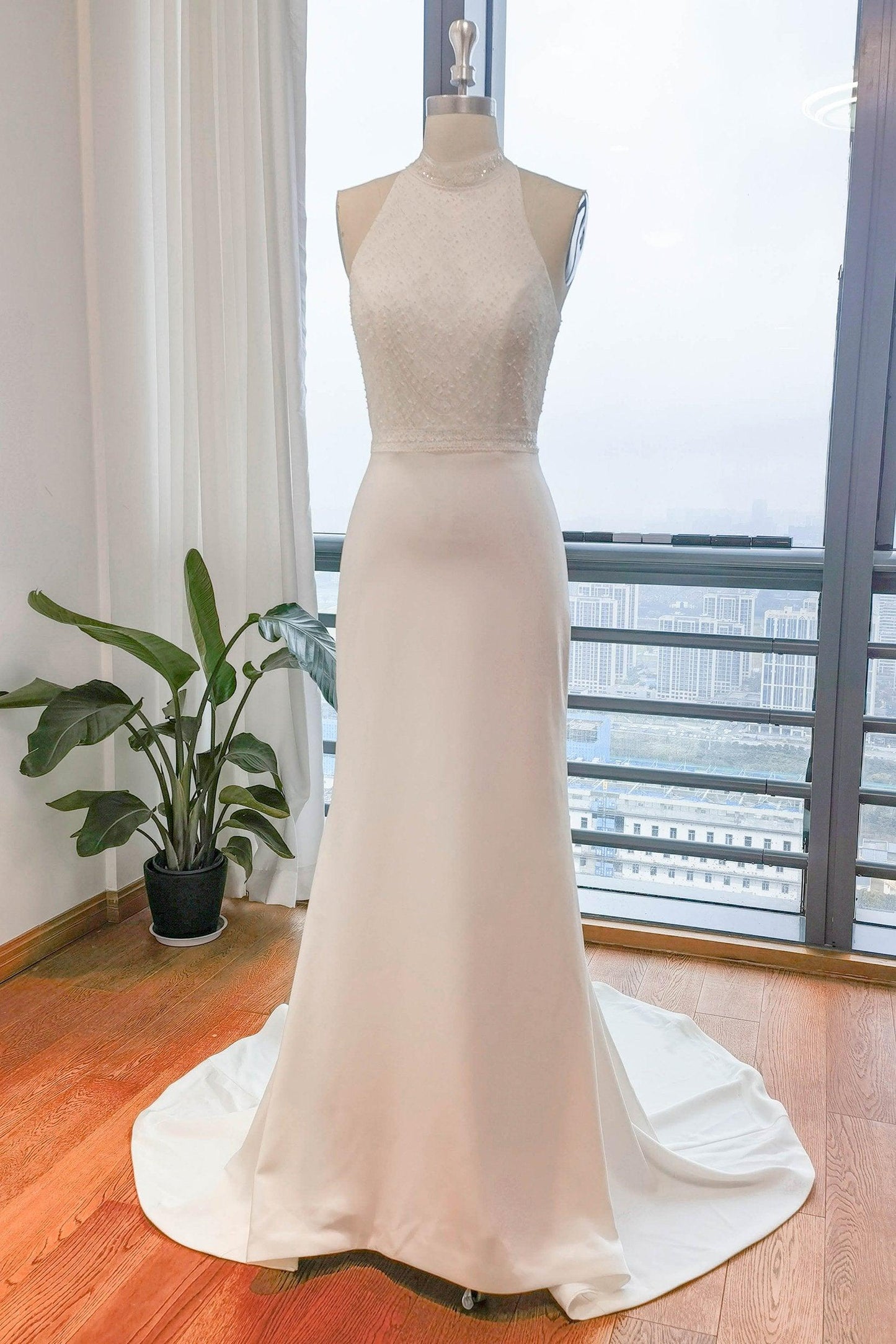 A-Line Sweep-Brush Train Satin Wedding Dress CW3105