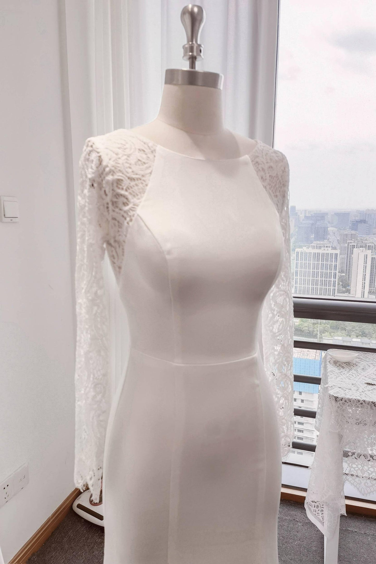 Trumpet Sweep-Brush Train Lace Satin Wedding Dress CW3110CR - COCOMELODY