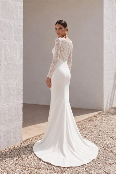 Trumpet Sweep-Brush Train Lace Satin Wedding Dress CW3110