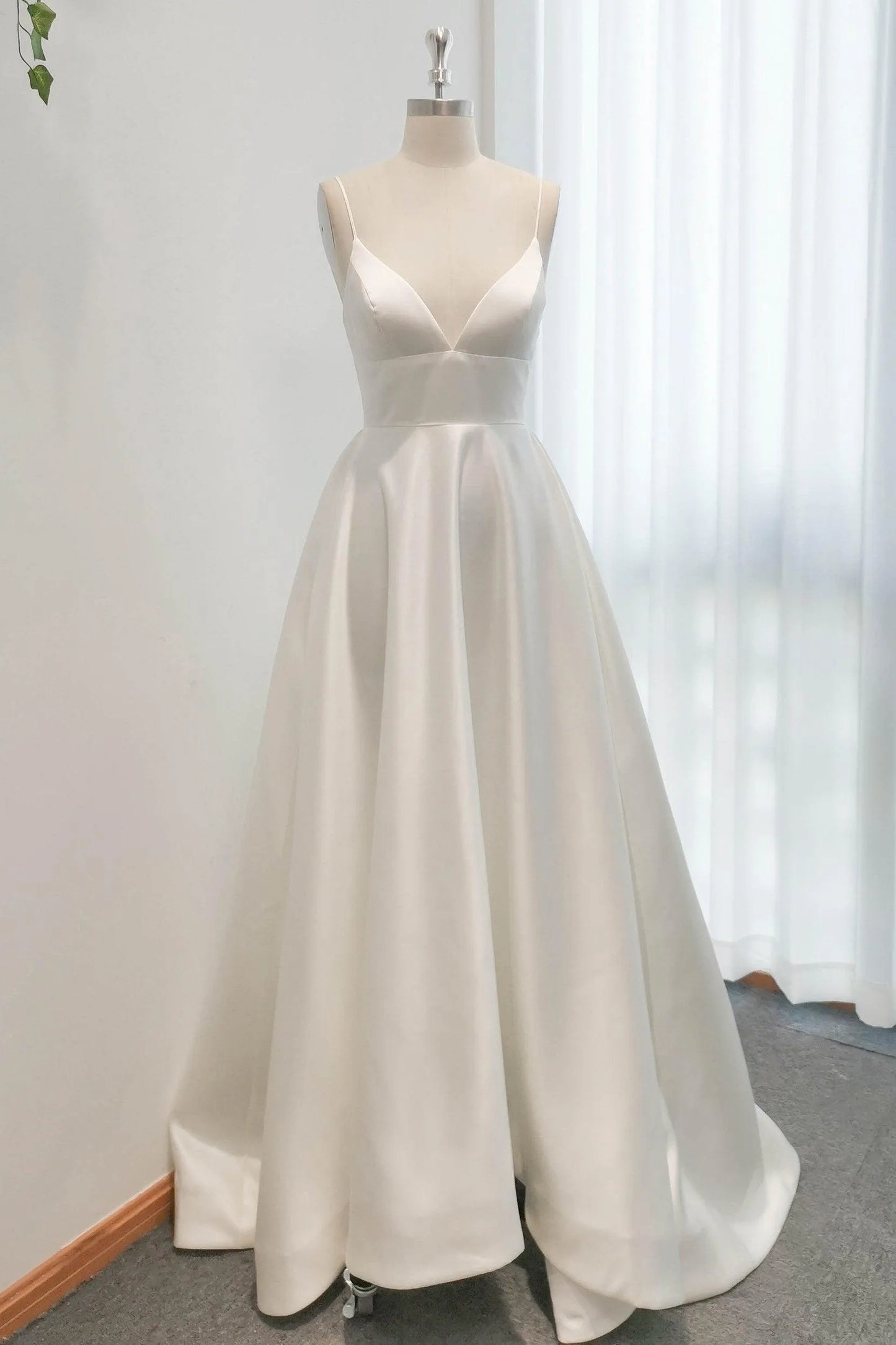 A-Line Sweep-Brush Train Satin Wedding Dress CW3112