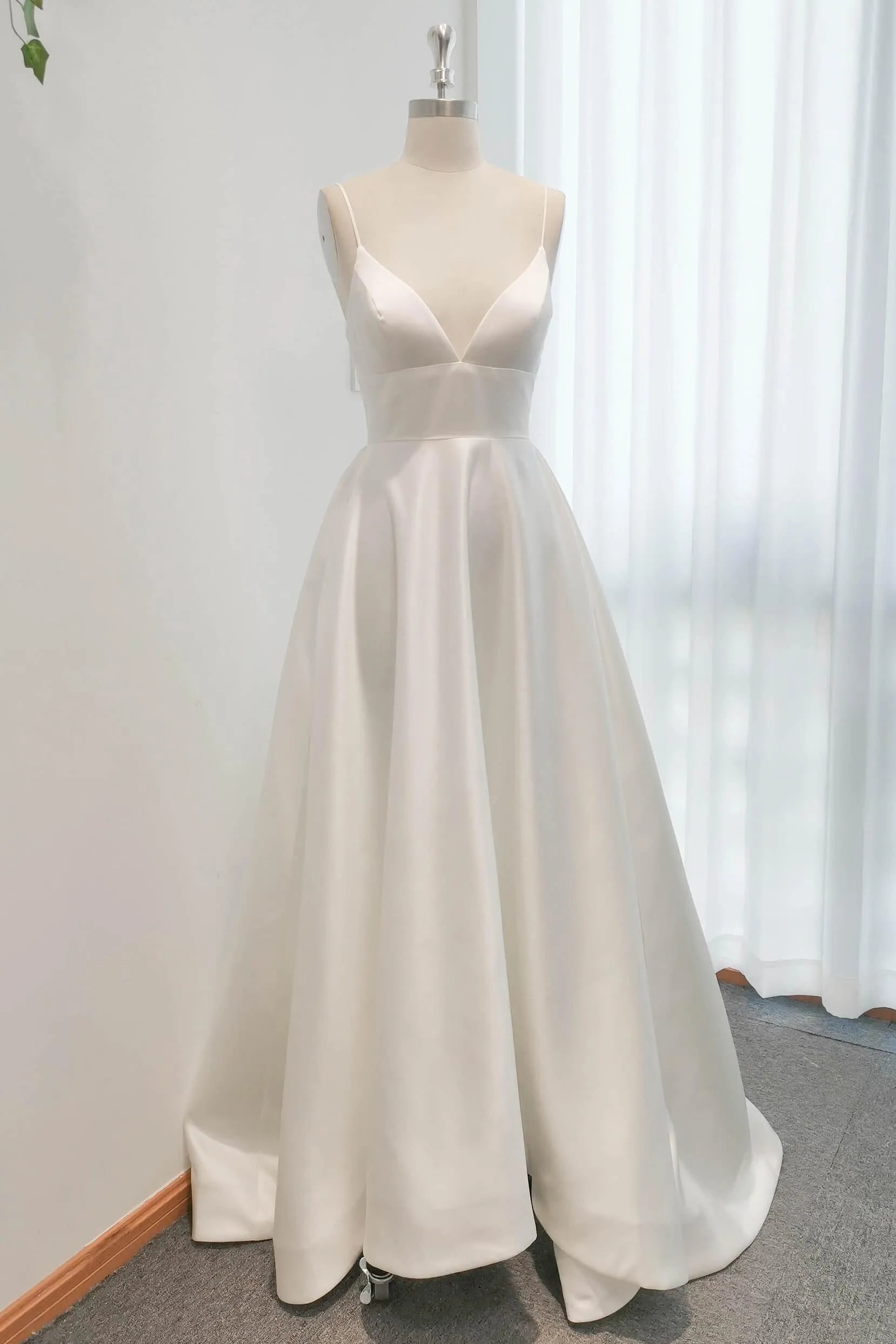 A-Line Sweep-Brush Train Satin Wedding Dress CW3112 - COCOMELODY