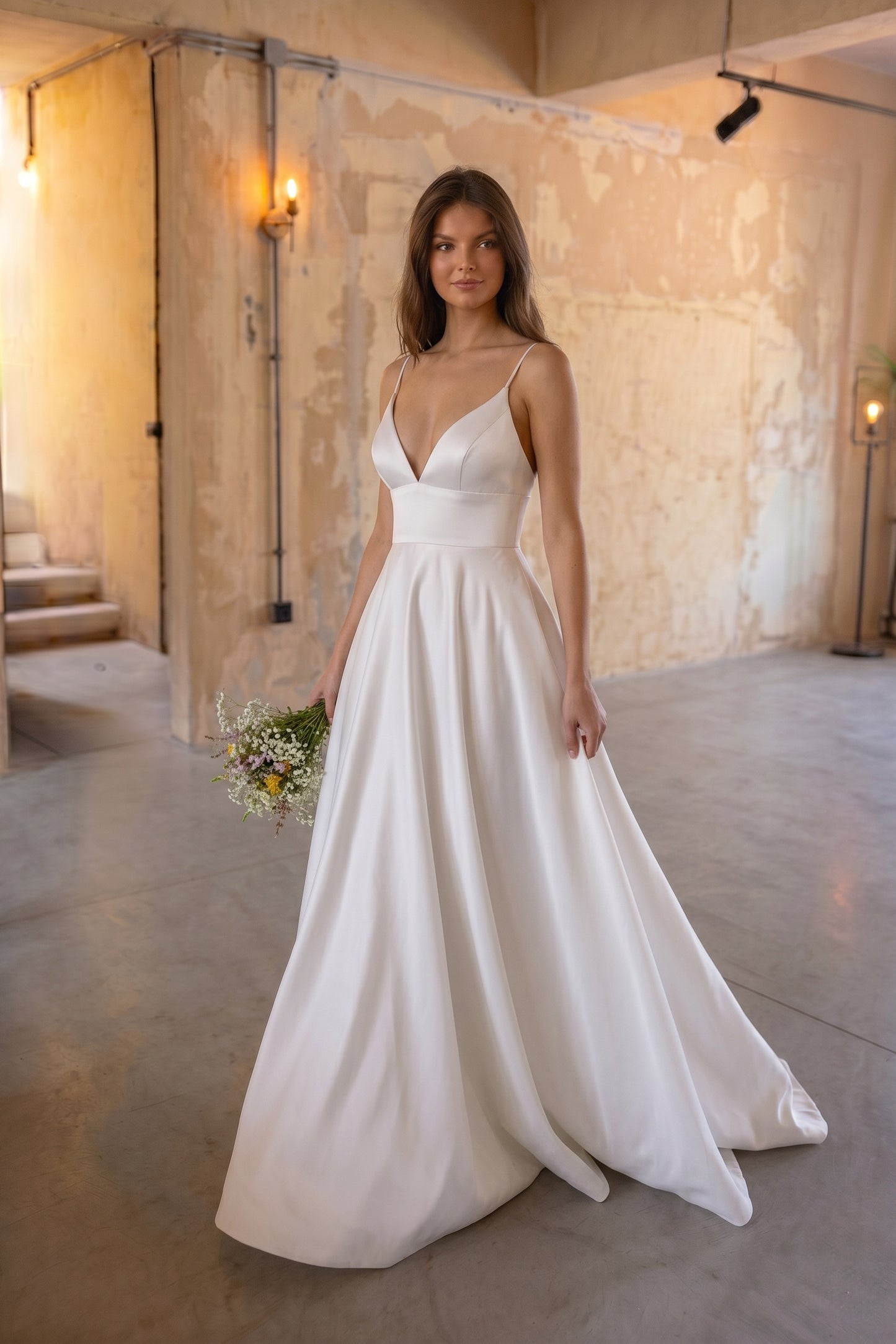 A-Line Sweep-Brush Train Satin Wedding Dress CW3112