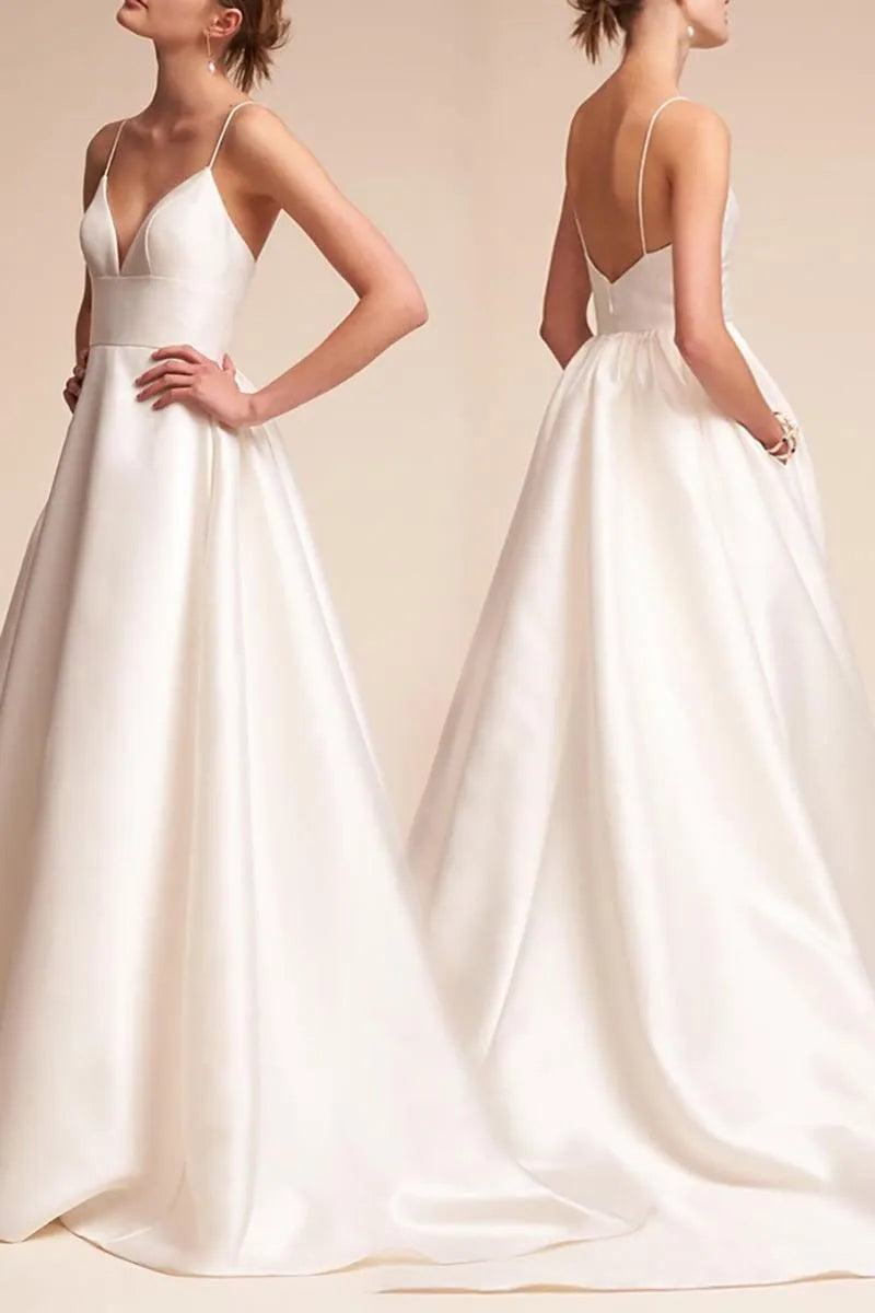 A-Line Sweep-Brush Train Satin Wedding Dress CW3112 - COCOMELODY