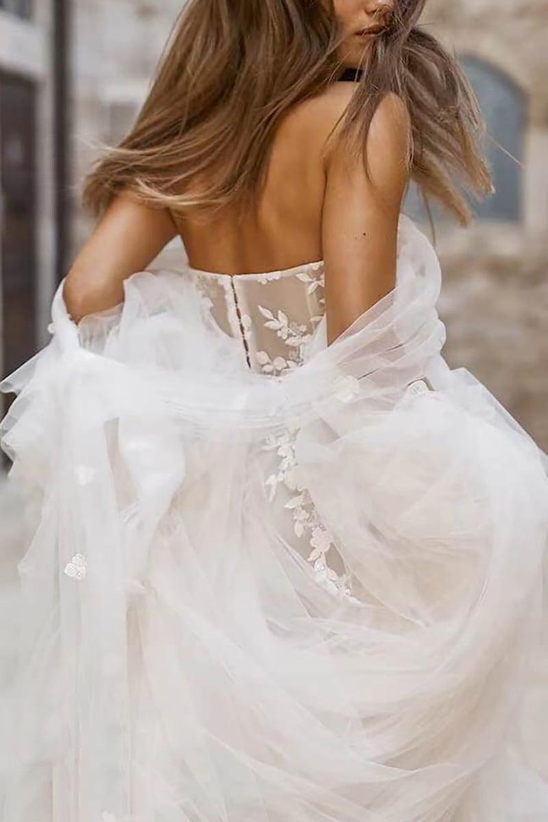 A-Line Sweep-Brush Train Lace Tulle Wedding Dress CW3113 - COCOMELODY