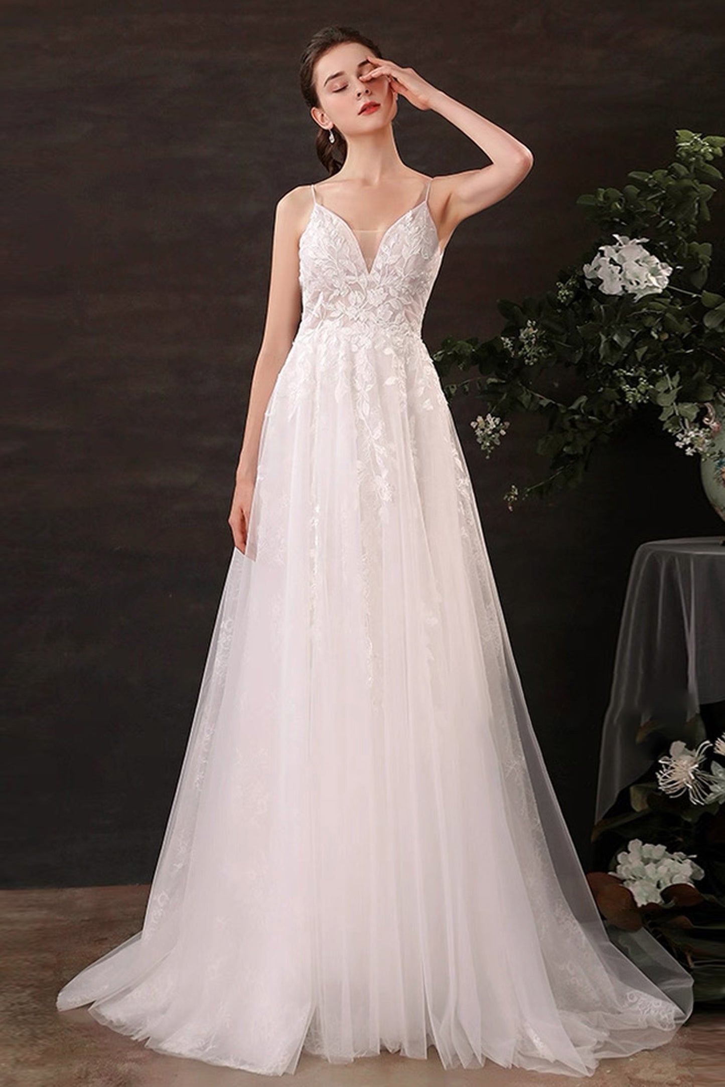 A-Line Sweep-Brush Train Lace Tulle Wedding Dress CW3119