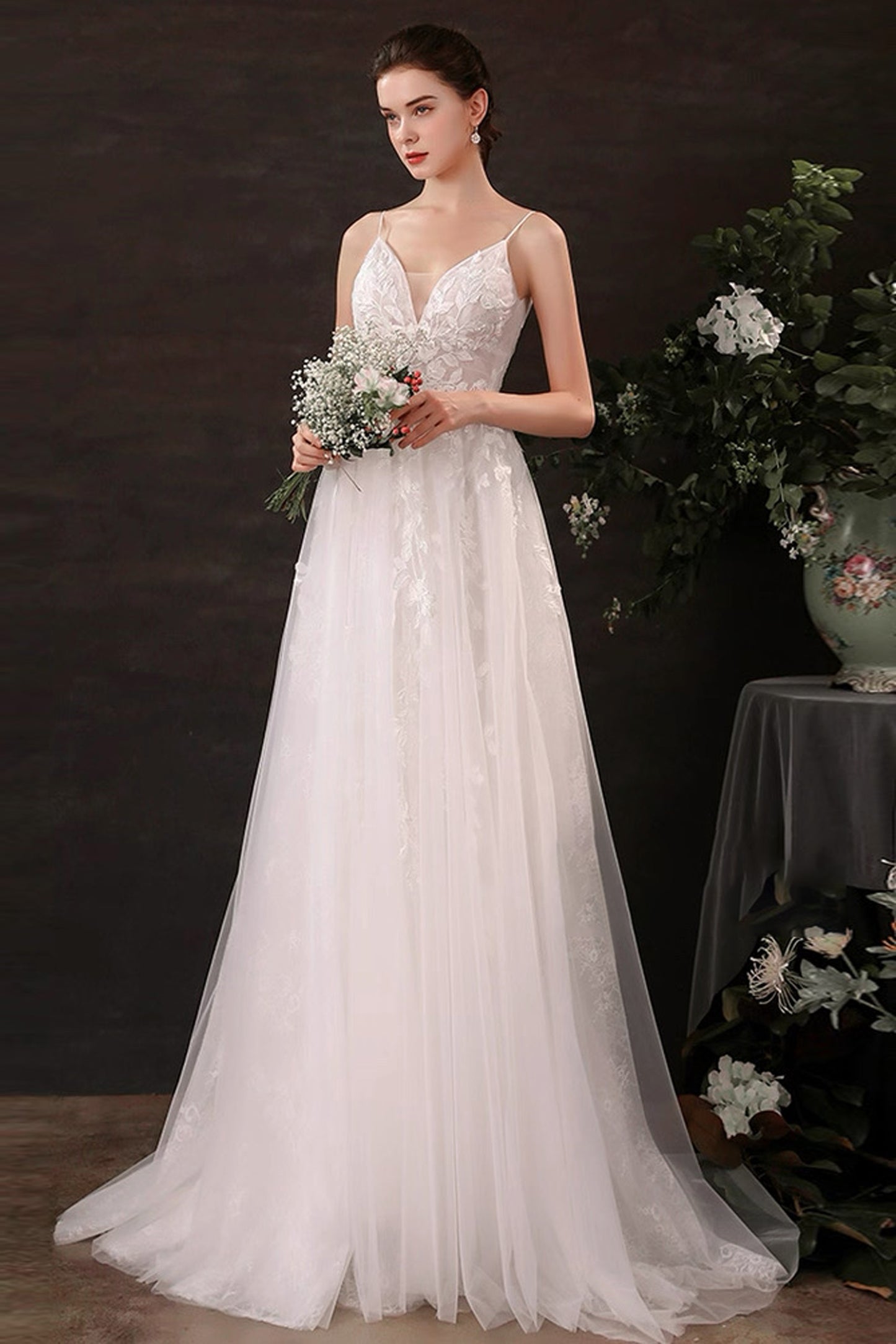 A-Line Sweep-Brush Train Lace Tulle Wedding Dress CW3119