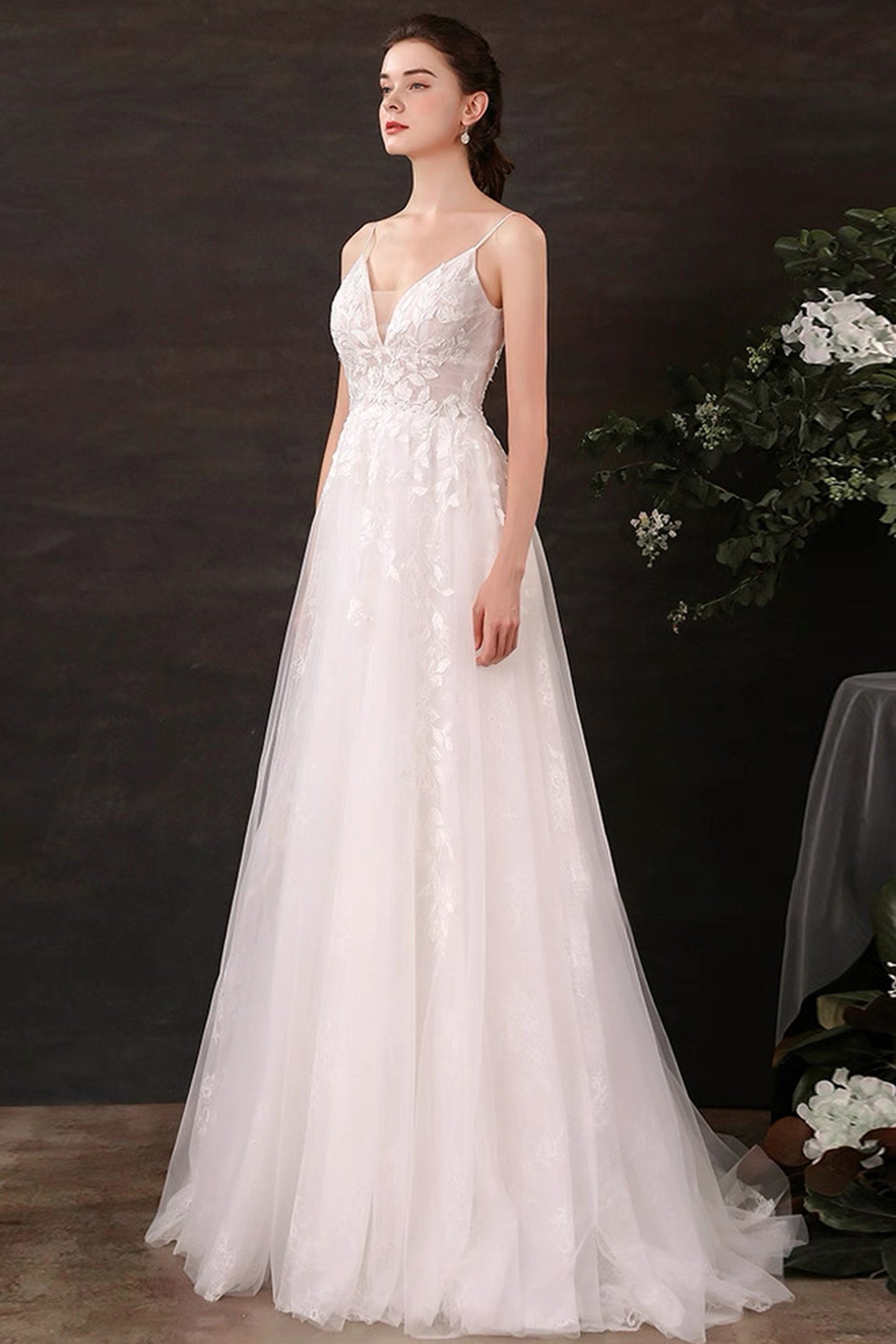 A-Line Sweep-Brush Train Lace Tulle Wedding Dress CW3119