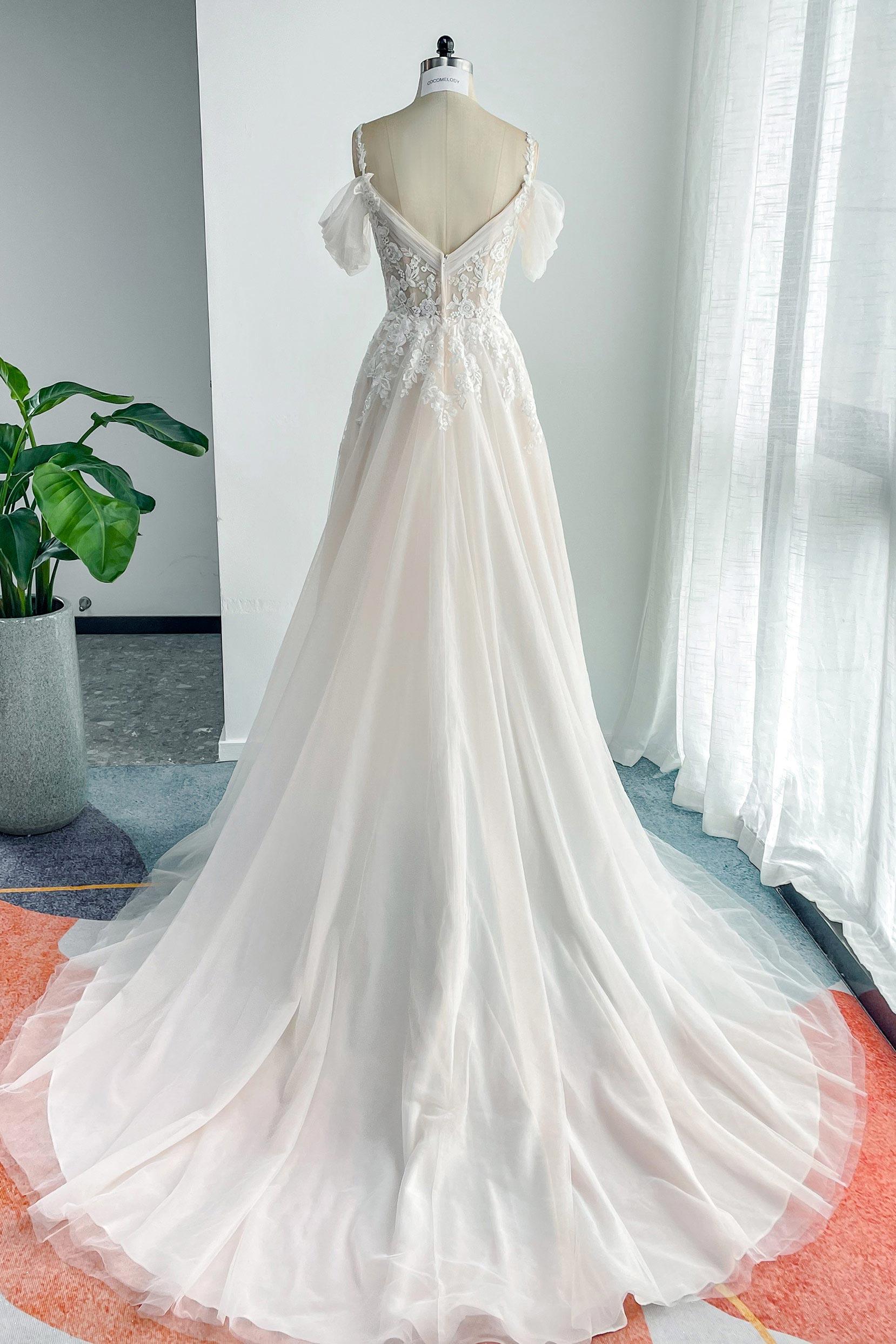 A-Line Chapel Train Lace Tulle Wedding Dress CW3127 - COCOMELODY