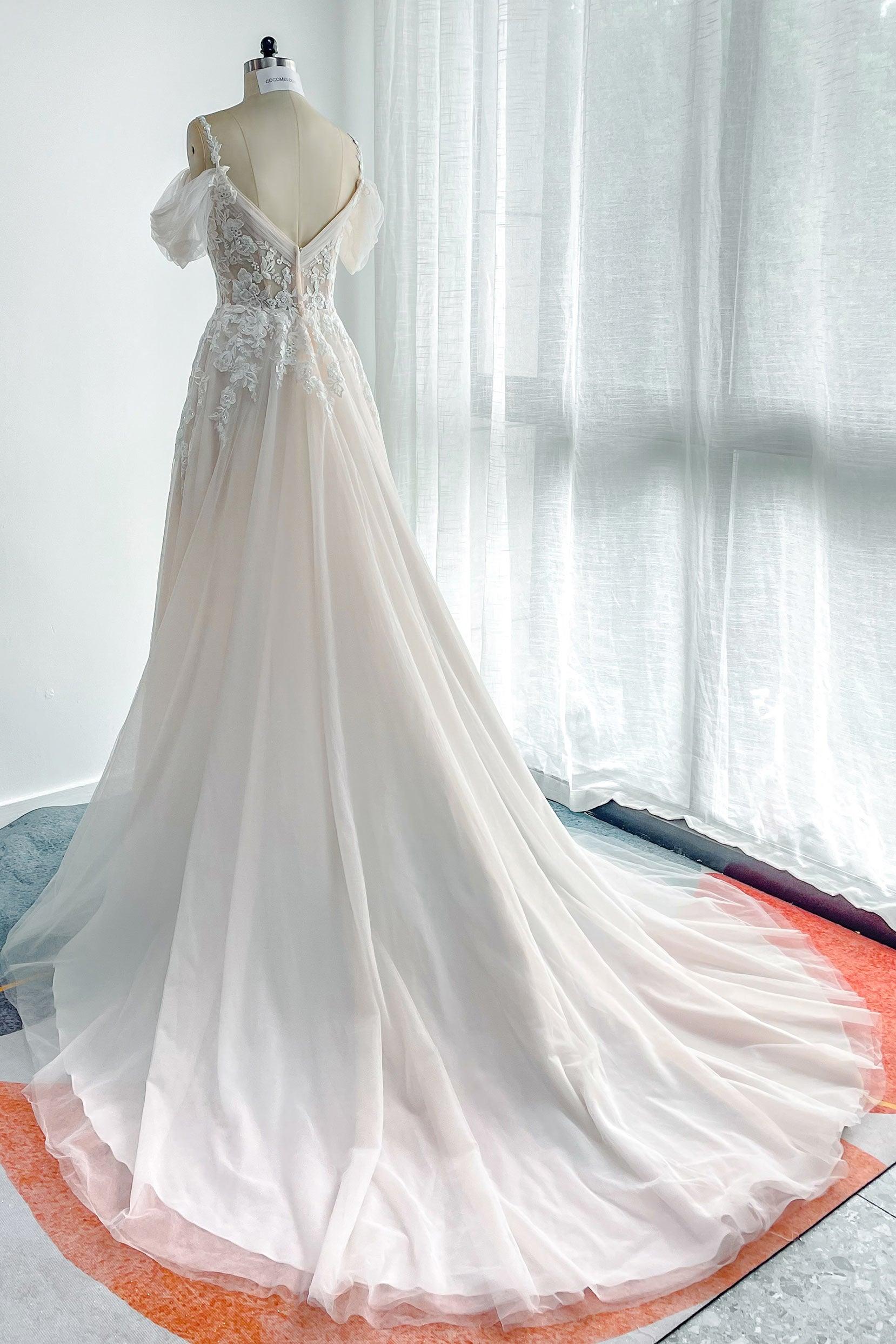 A-Line Chapel Train Lace Tulle Wedding Dress CW3127 - COCOMELODY