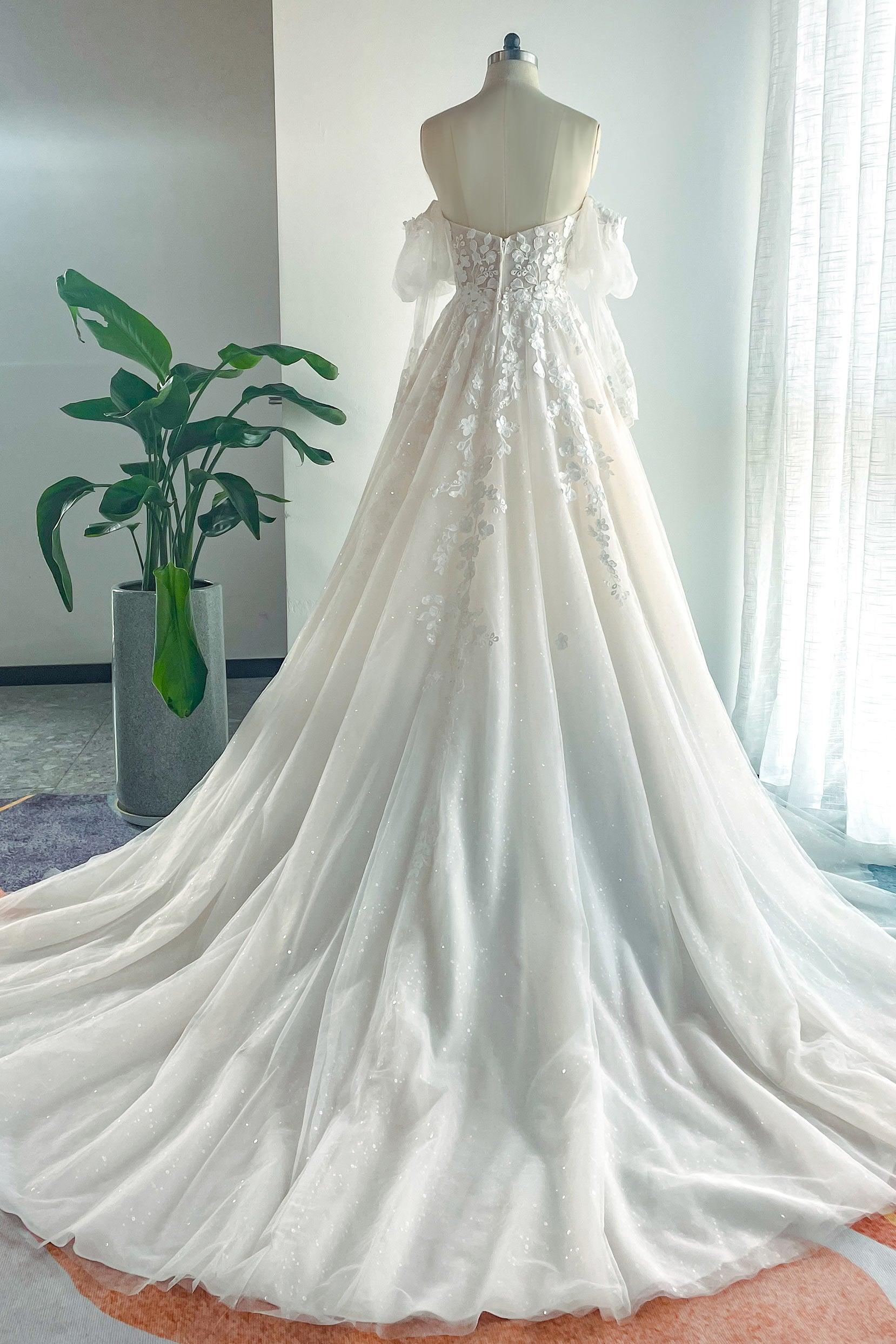 A-Line Chapel Train Lace Tulle Wedding Dress CW3128 - COCOMELODY