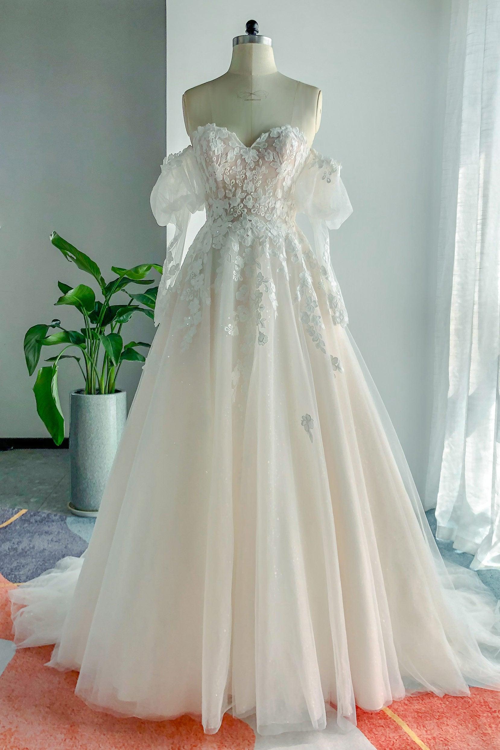 A-Line Chapel Train Lace Tulle Wedding Dress CW3128 - COCOMELODY