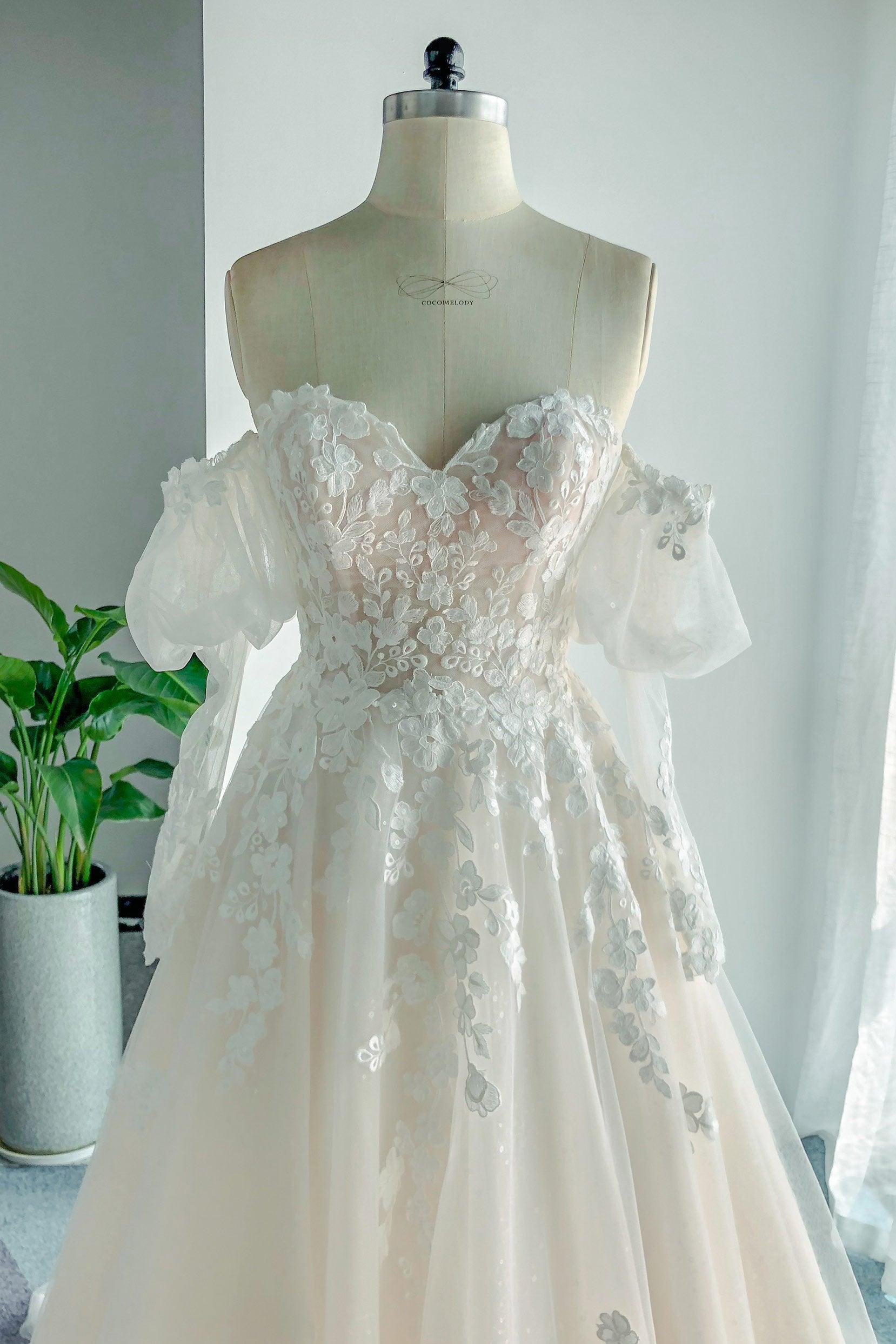 A-Line Chapel Train Lace Tulle Wedding Dress CW3128 - COCOMELODY