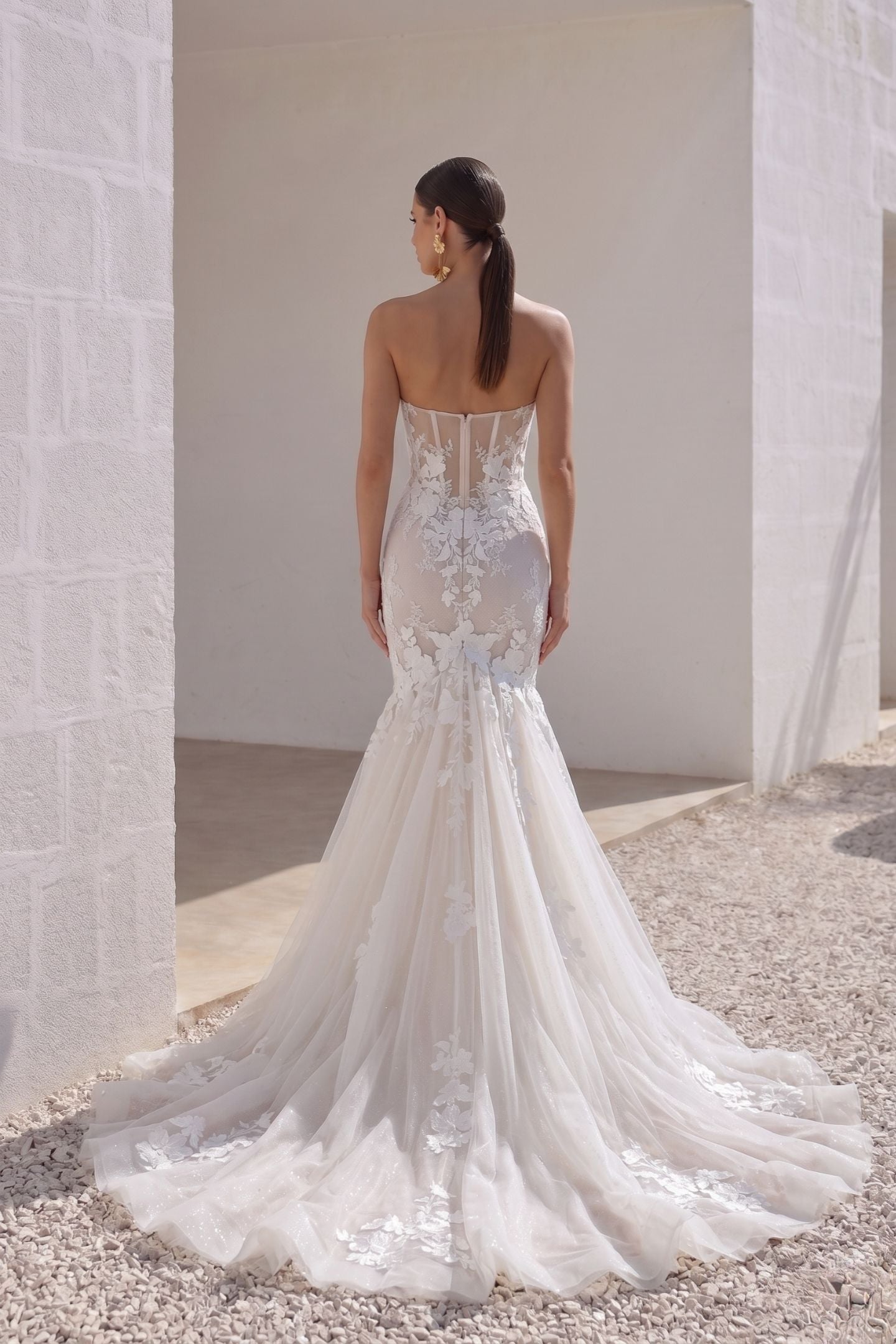 Trumpet-Mermaid Chapel Train Lace Tulle Wedding Dress CW3133