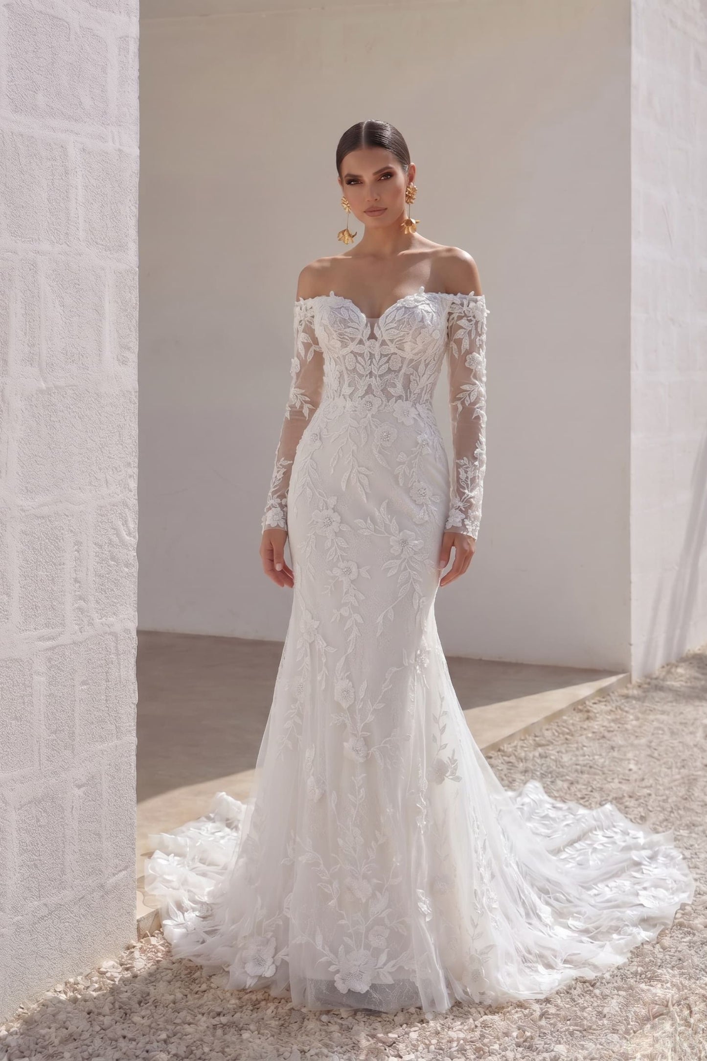 Trumpet-Mermaid Chapel Train Lace Tulle Wedding Dress CW3135