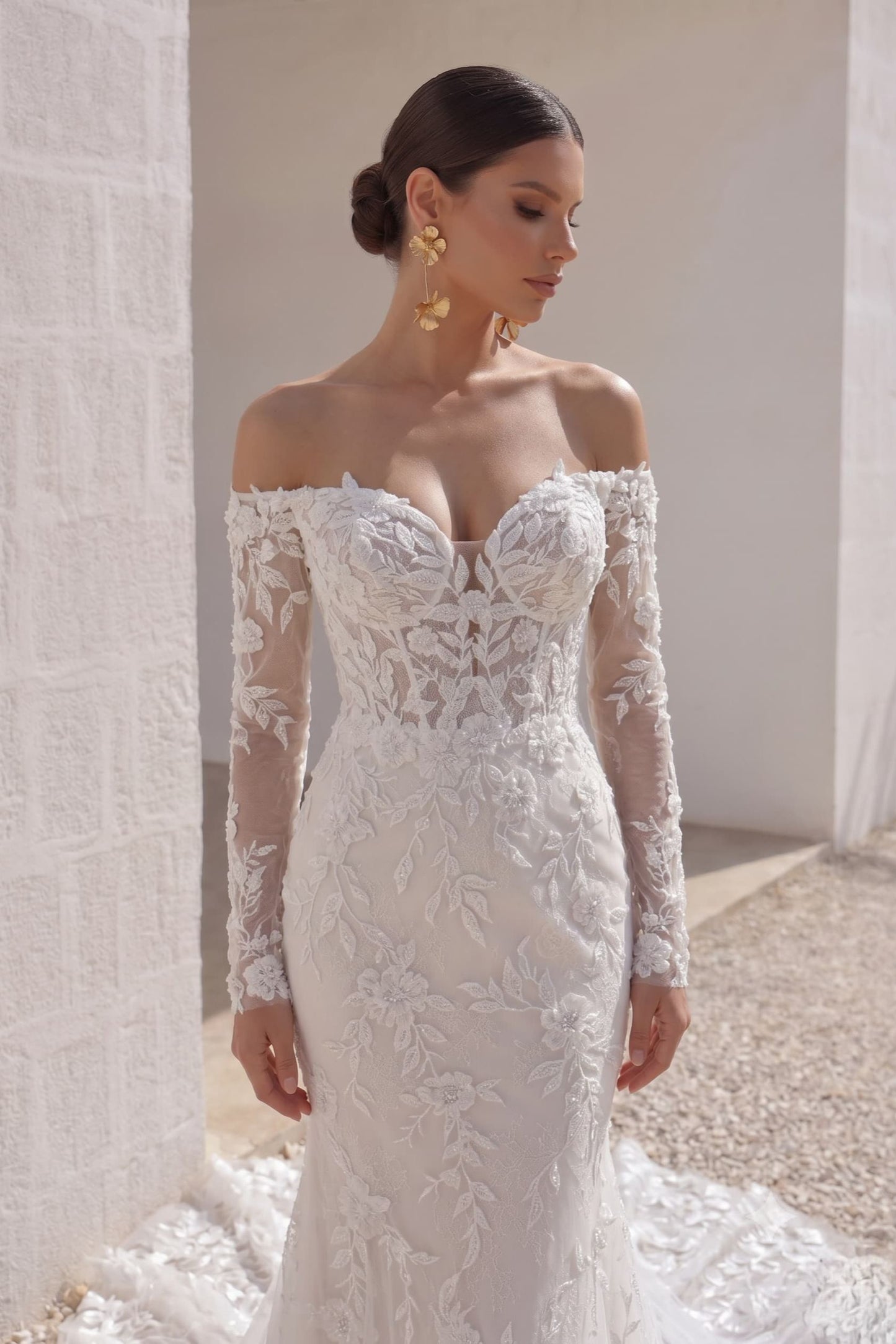 Trumpet-Mermaid Chapel Train Lace Tulle Wedding Dress CW3135