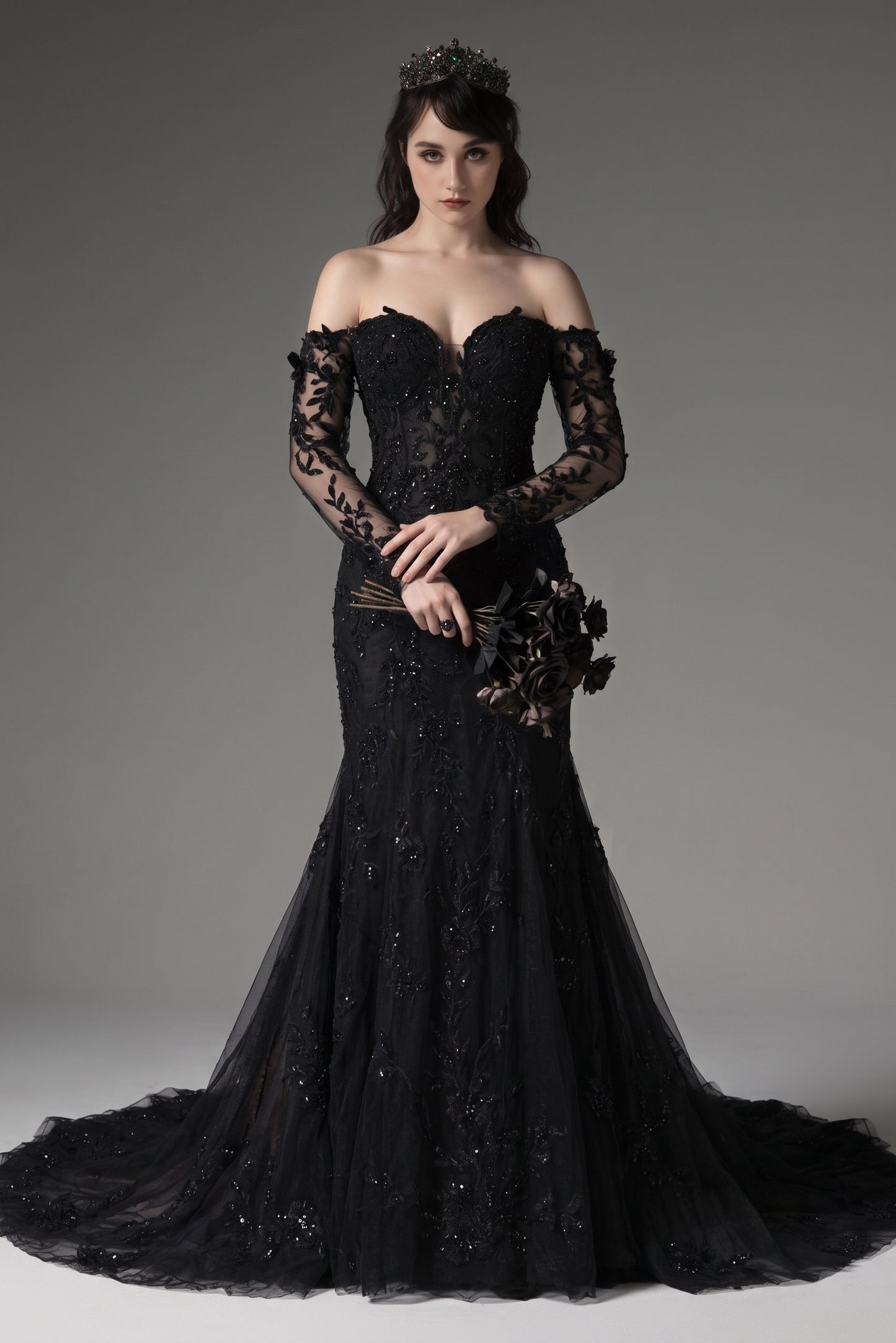 Trumpet-Mermaid Chapel Train Lace Tulle Wedding Dress CW3135