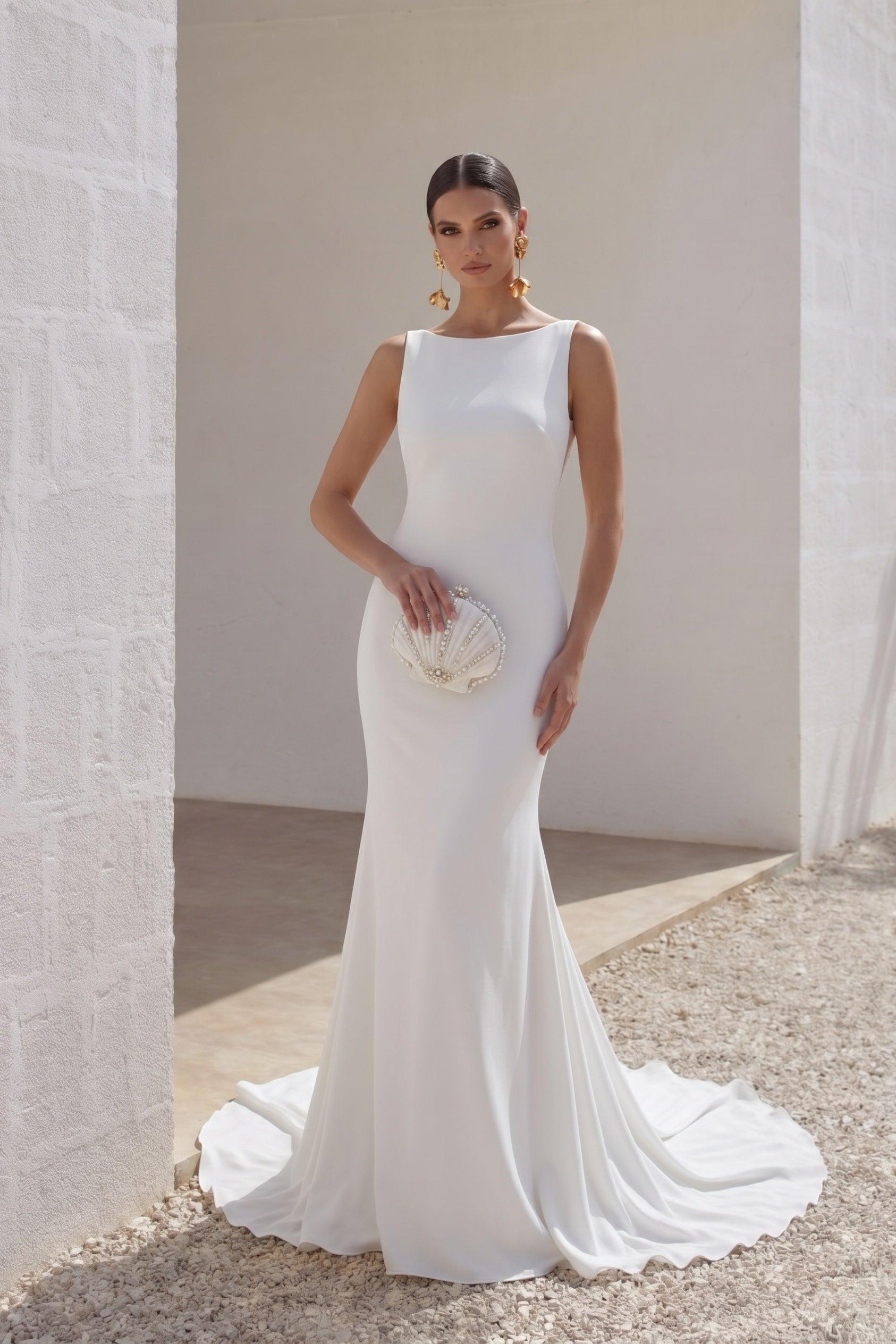 Minimalist Bateau Mermaid Stretch Satin Wedding Dress with Beading