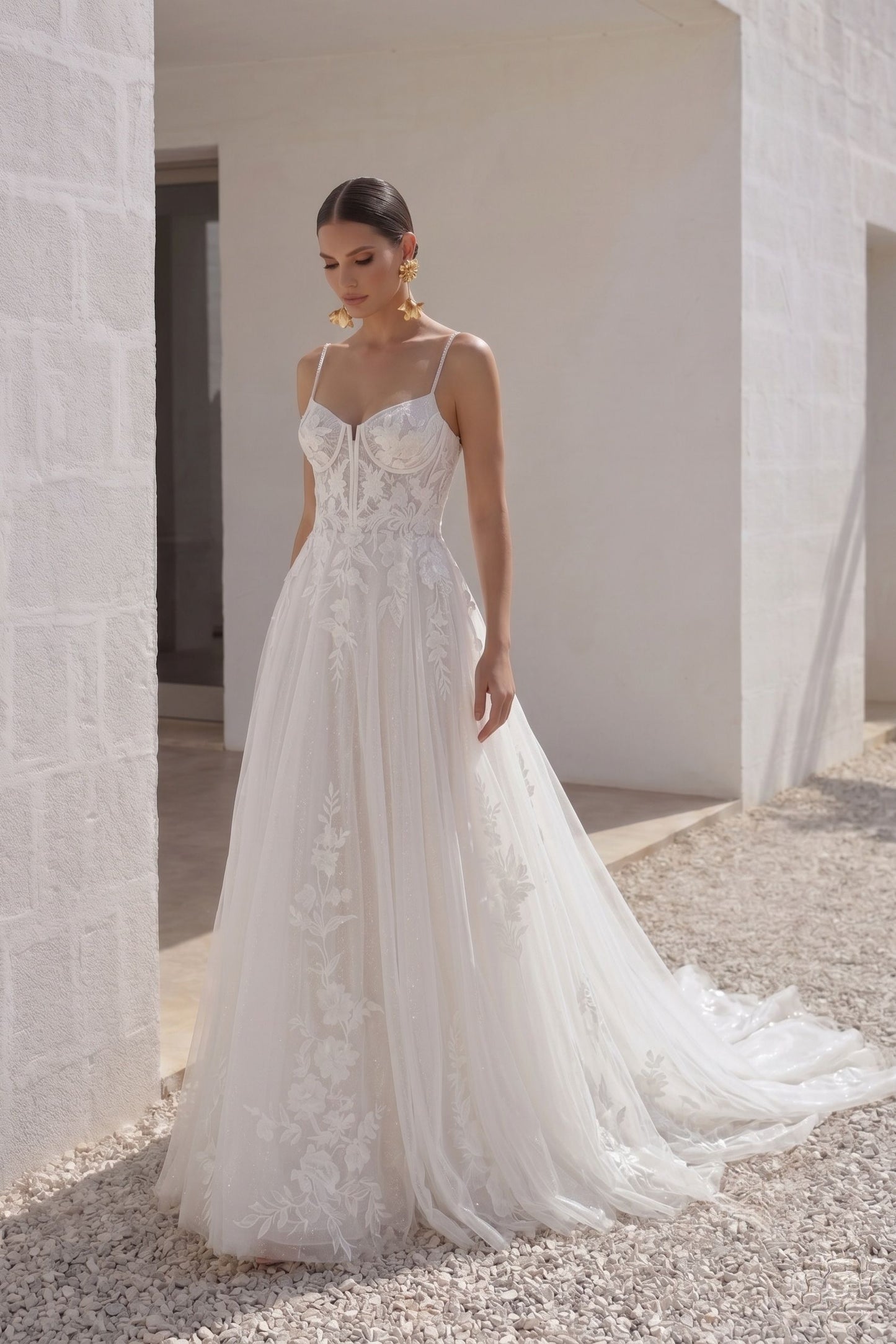 A-Line Court Train Lace Tulle Wedding Dress CW3140