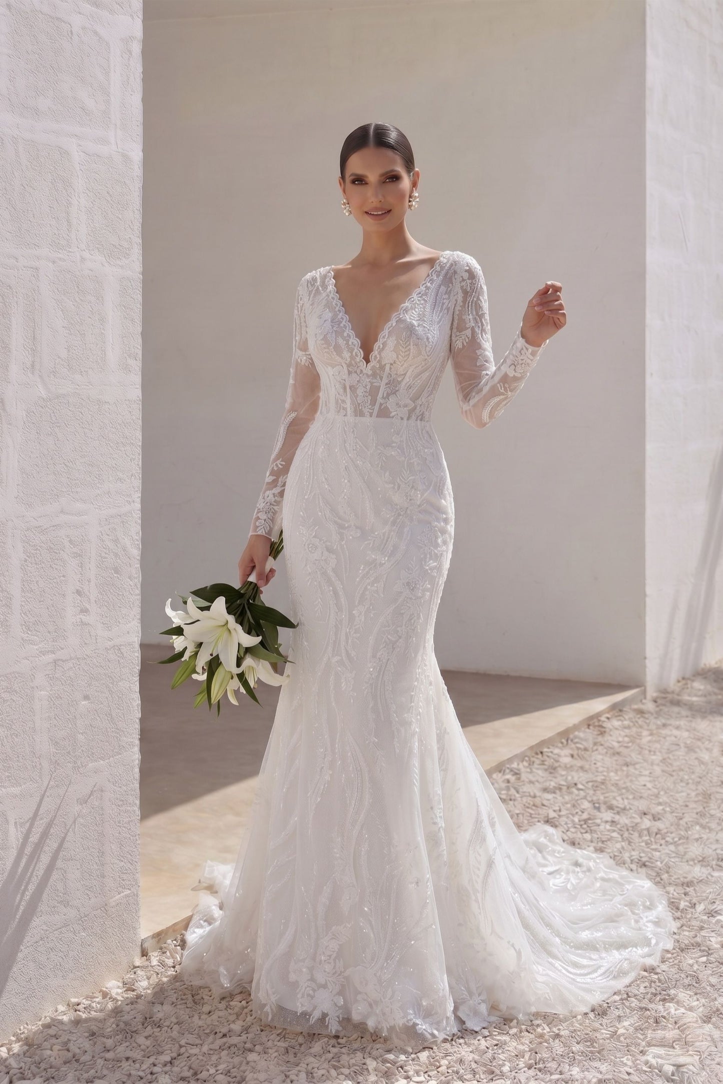 Trumpet-Mermaid Chapel Train Lace Tulle Wedding Dress CW3141