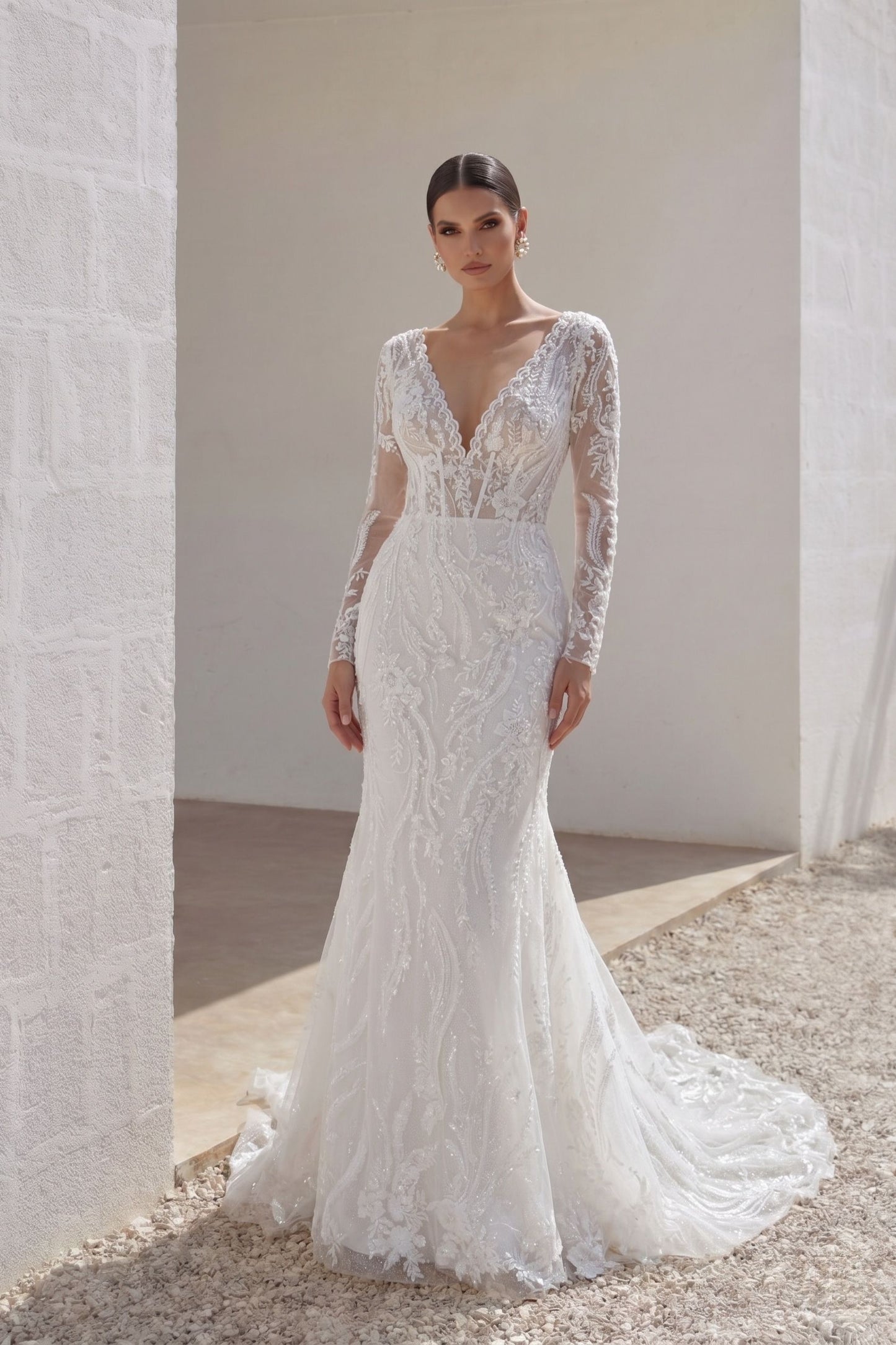 Trumpet-Mermaid Chapel Train Lace Tulle Wedding Dress CW3141