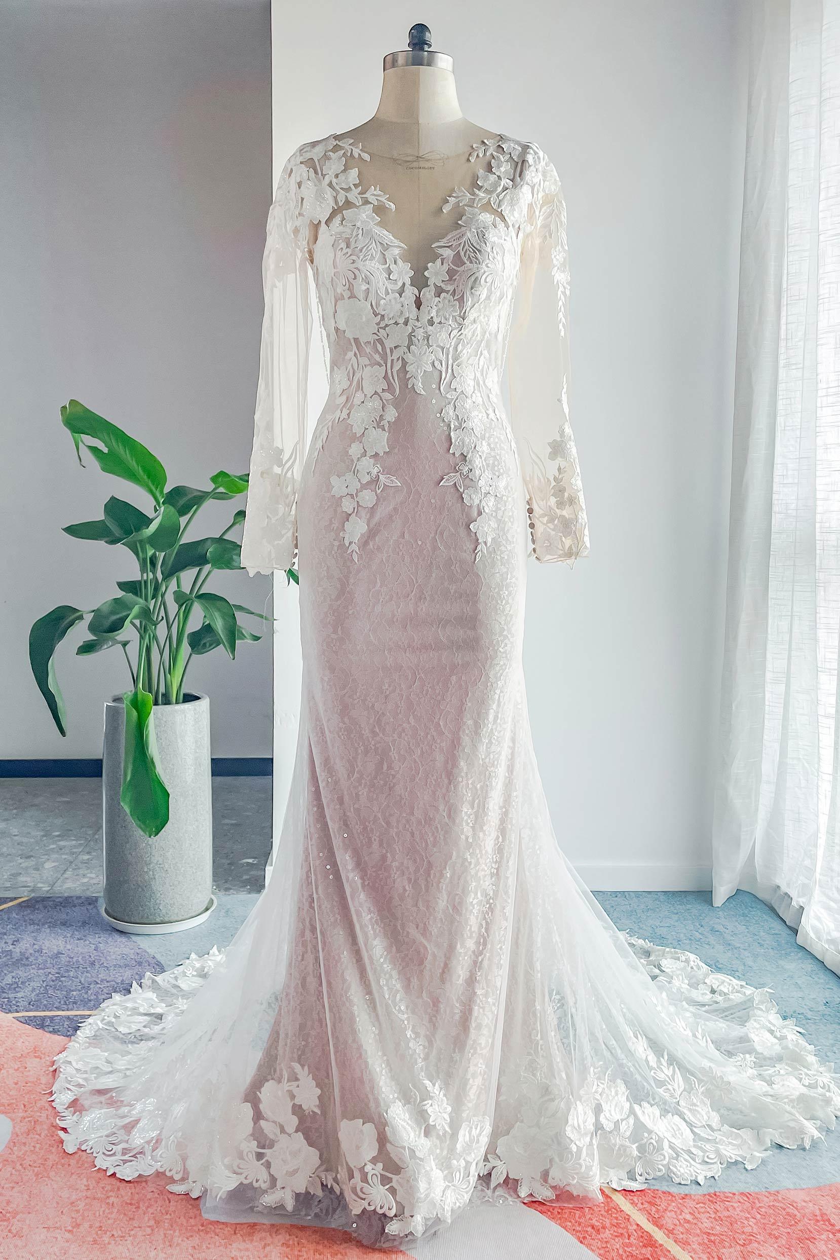 Trumpet-Mermaid Court Train Lace Tulle Wedding Dress CW3143 - COCOMELODY
