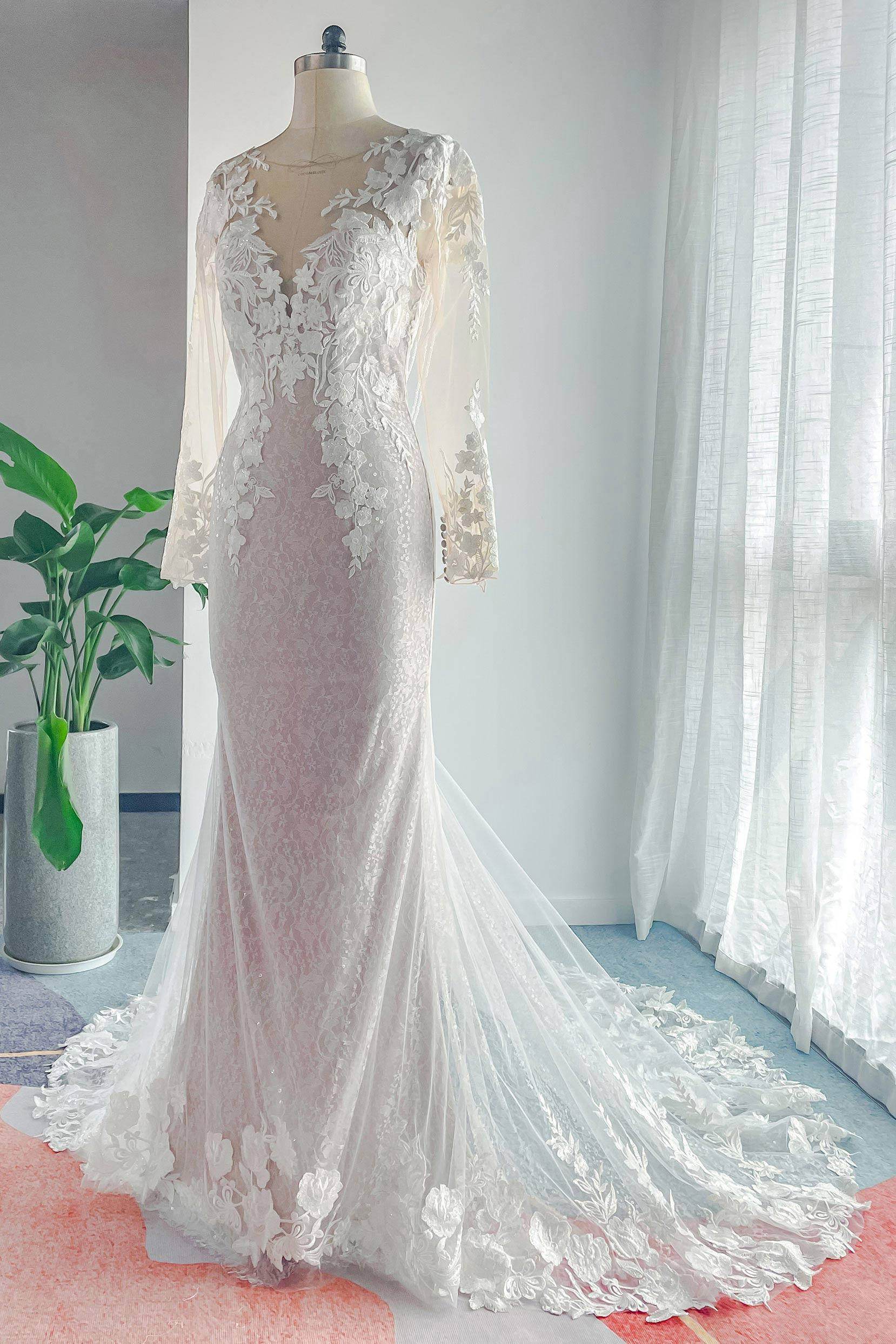 trumpet/mermaid v-neck court train tulle lace wedding dress Mermaid V-Neck Natural Court Train Lace Tulle Wedding Dress COCOMELODY CW3144, 45 Days / As Picture:Ivory/Nude / US8-UK10-EUR38