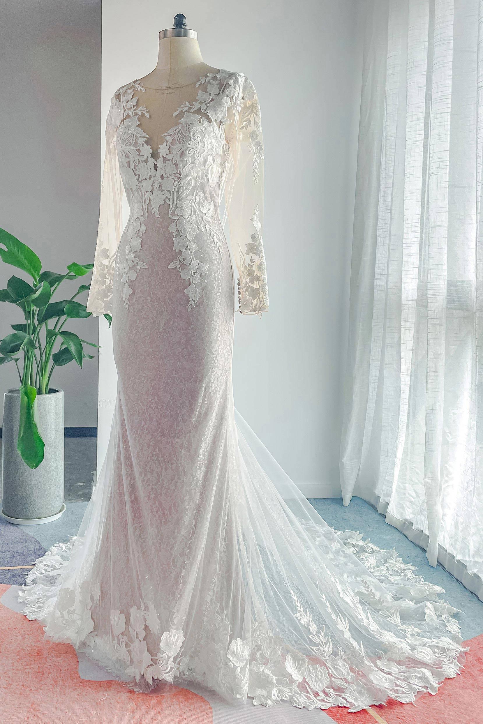Trumpet-Mermaid Court Train Lace Tulle Wedding Dress CW3143 - COCOMELODY