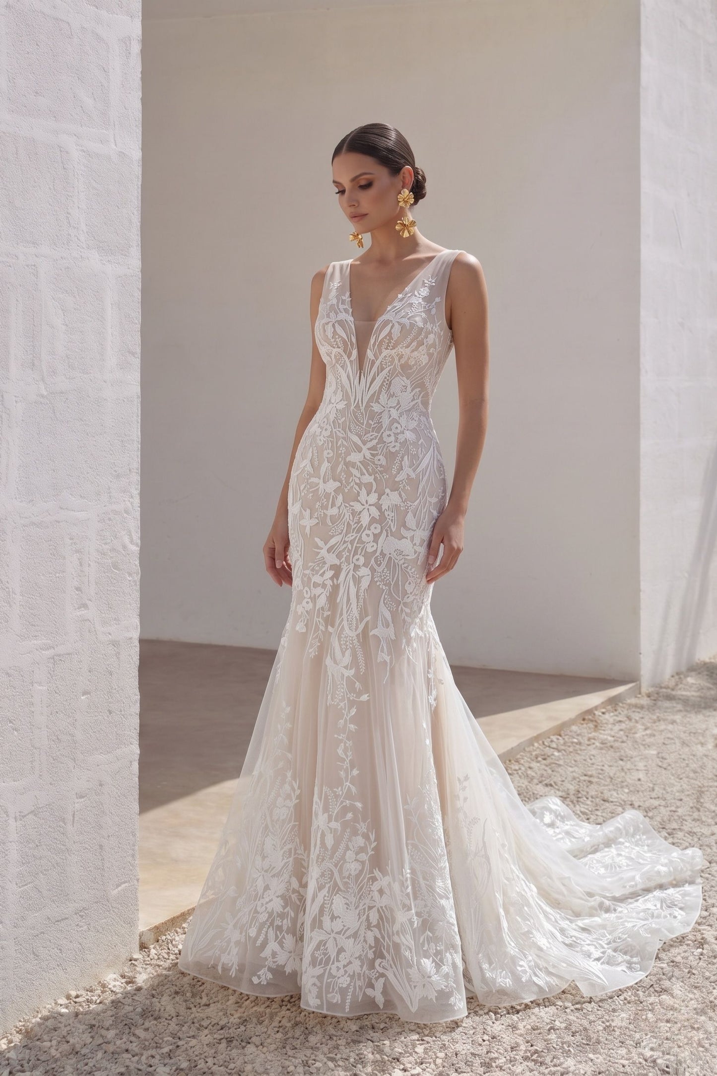 Trumpet-Mermaid Court Train Lace Tulle Wedding Dress CW3144