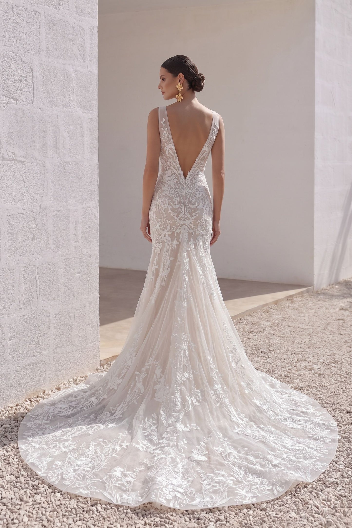 Trumpet-Mermaid Court Train Lace Tulle Wedding Dress CW3144