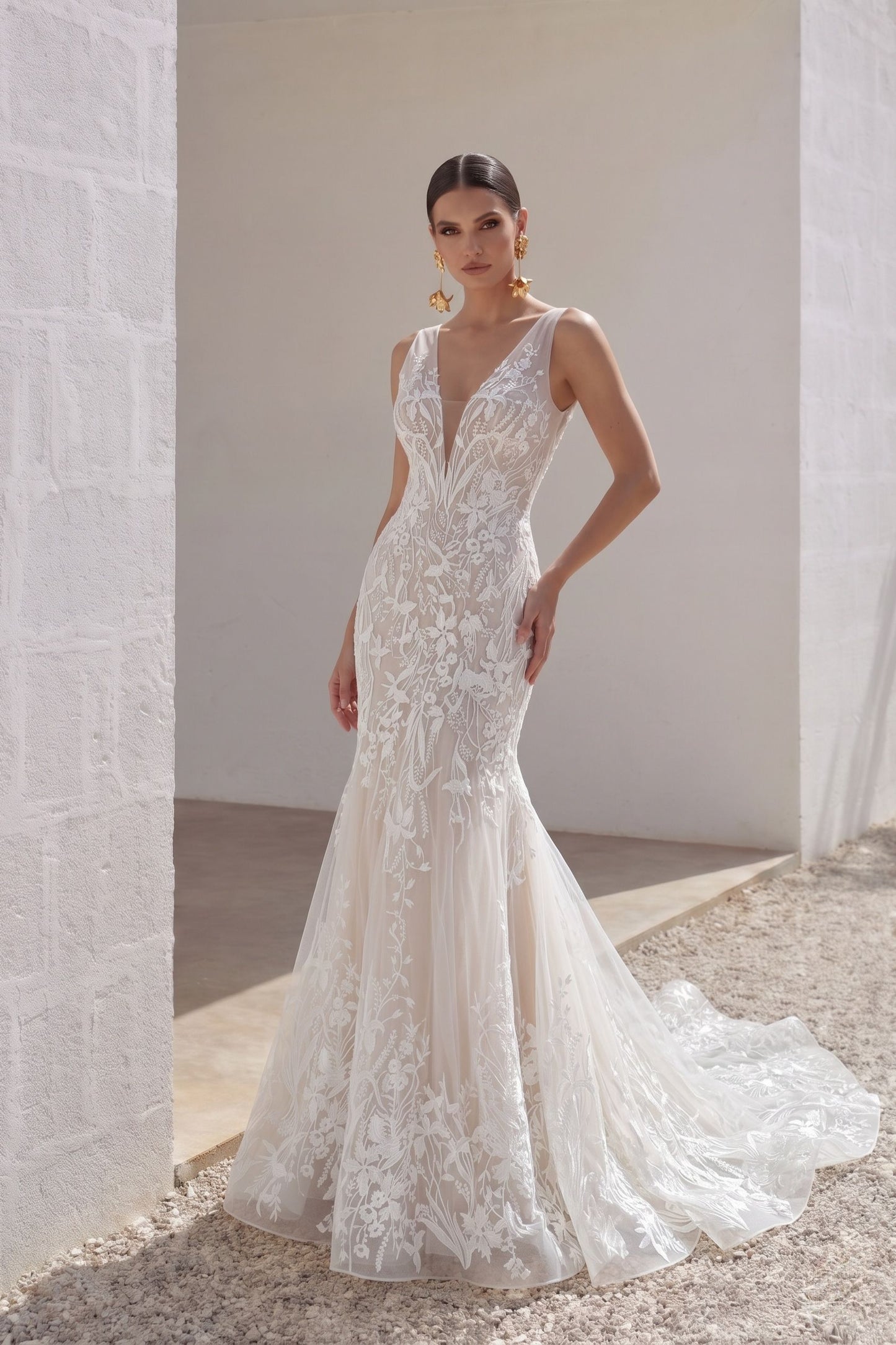 Trumpet-Mermaid Court Train Lace Tulle Wedding Dress CW3144